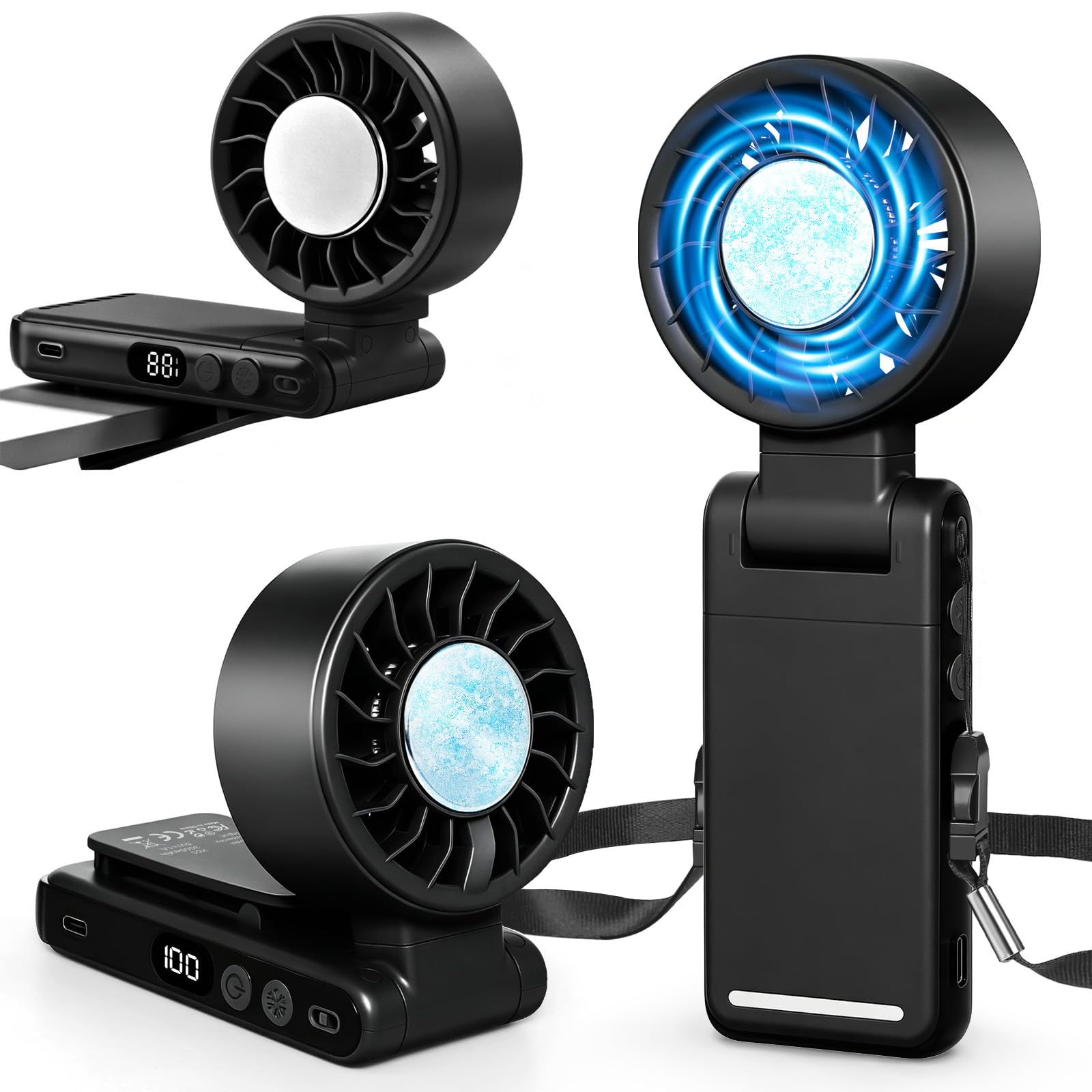 Ciaien Handheld Portable Turbo Fan with Ice Cooling,5 Speed Rechargeable LED Display Foldable Hand Held Personal Clip/Neck/Waist Fan,180°& 360° Adjustable,Pocket Mini Fan for Outdoor/Home (Black)