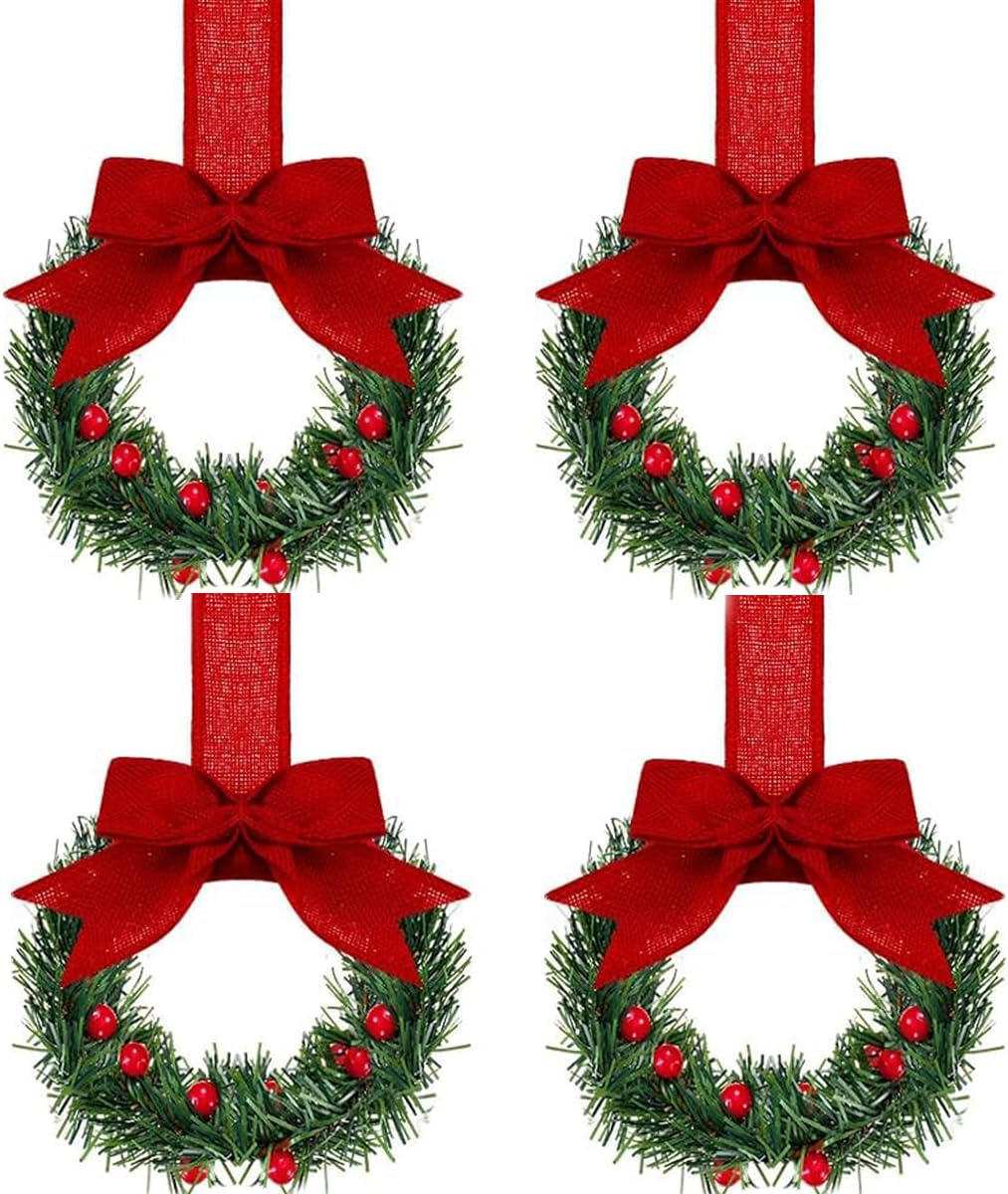 Christmas Kitchen Cabinet Wreaths with Ribbon 4PCS Mini Christmas Artificial Green Leaves Bauble Wreath for Xmas Window Wall Front Door Decor 5.1in (Red)