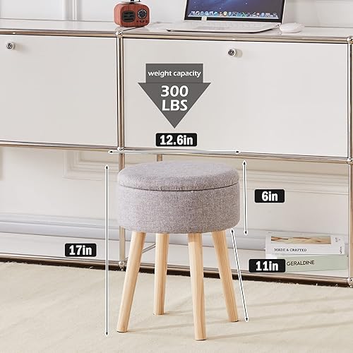 Miniatura 26 de Mxfurhawa Taburete otomano de almacenamiento redondo de lino con patas de madera, reposapiés tapizado multifuncional, para sala de estar, baño,