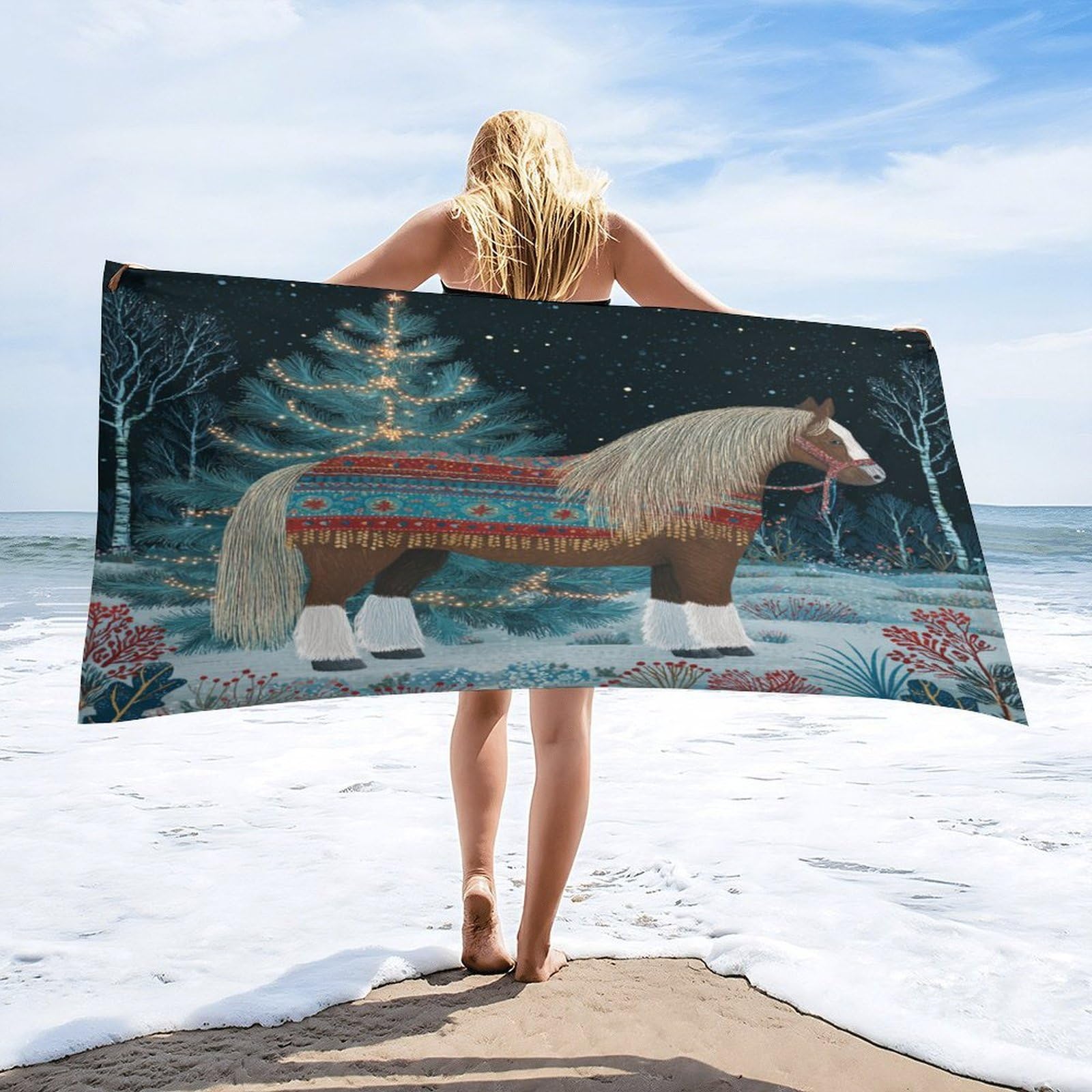 Luyysky Modern Classic Wildlife Horse Absorbent Beach Towel, Retro Oil Painting Christmas Xmas Tree Cowboy Theme Wildlife Horse Outdoor Single-Sided Velvet Beach Towel-80 W Cm X 160" L Cm