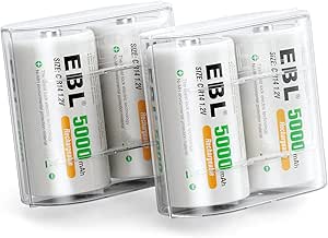 EBL C Batteries High Energy 5000mAh Ready2Use C Rechargeable Battery Cells, 4 Counts