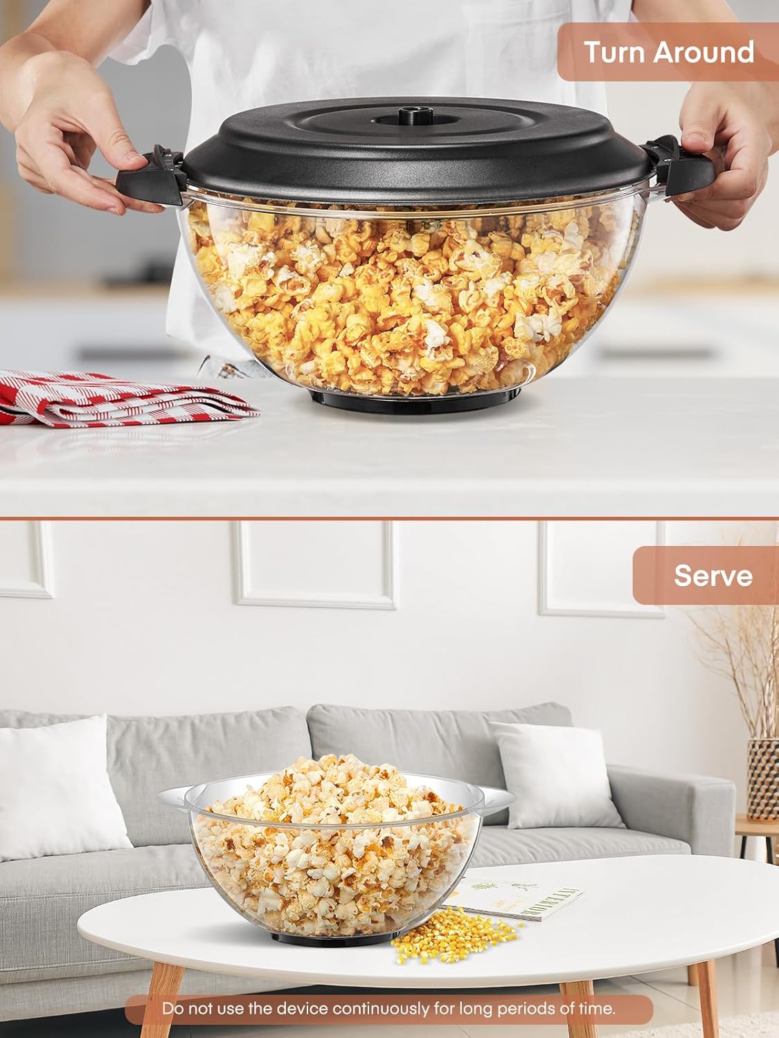 Two images showing the HOUSNAT Popcorn Machine. The top image shows a person turning the machine upside down to transfer popcorn to the lid. The bottom image shows the lid, now a bowl, filled with popcorn on a coffee table.