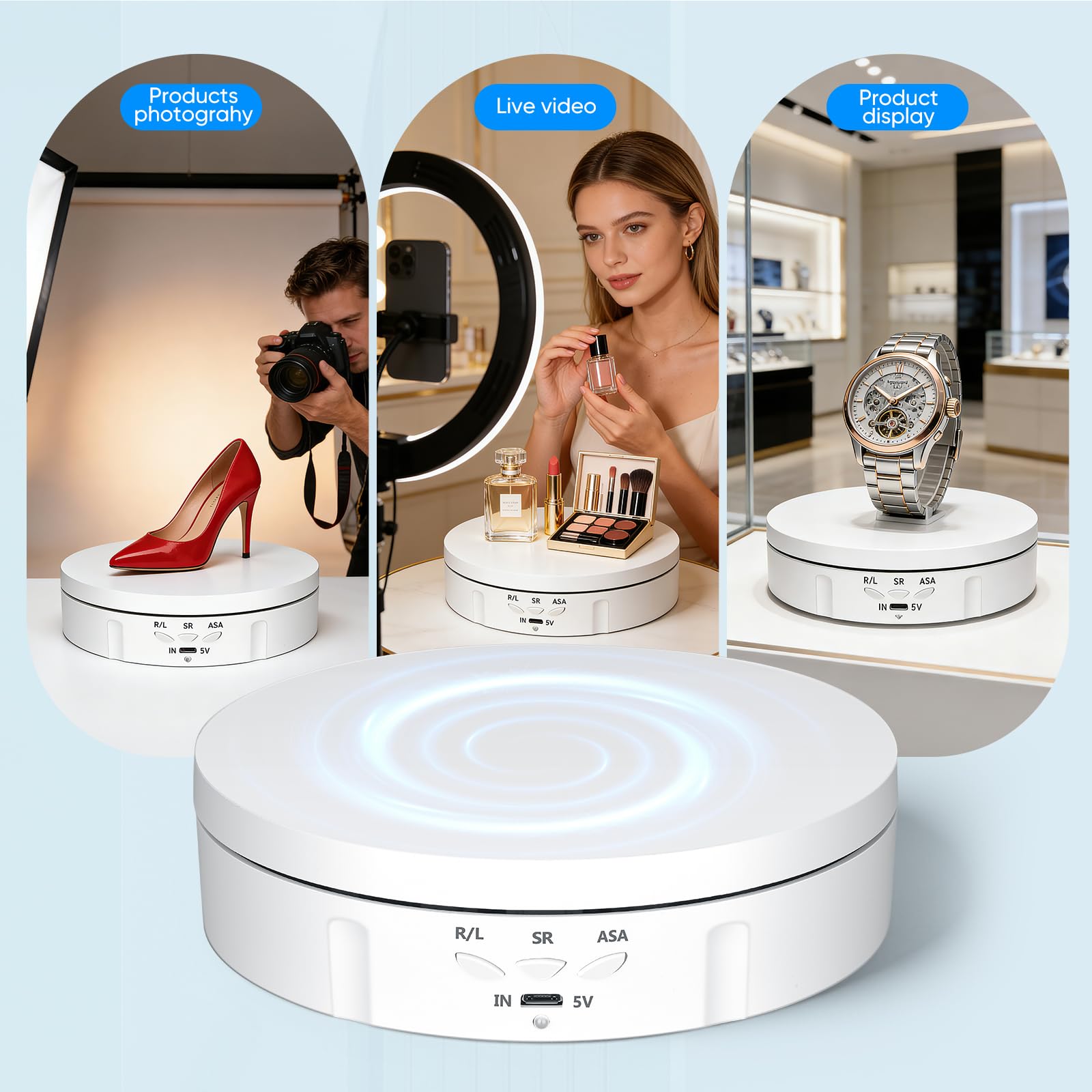Plateau Tournant Electrique, 14,6 cm 10KG Charge Présentoir Rotatif Électrique à 360 degrés Plateau Tournant Photographie avec Chargement USB 3 Vitesses Réglables pour l'affichage et la Photographie