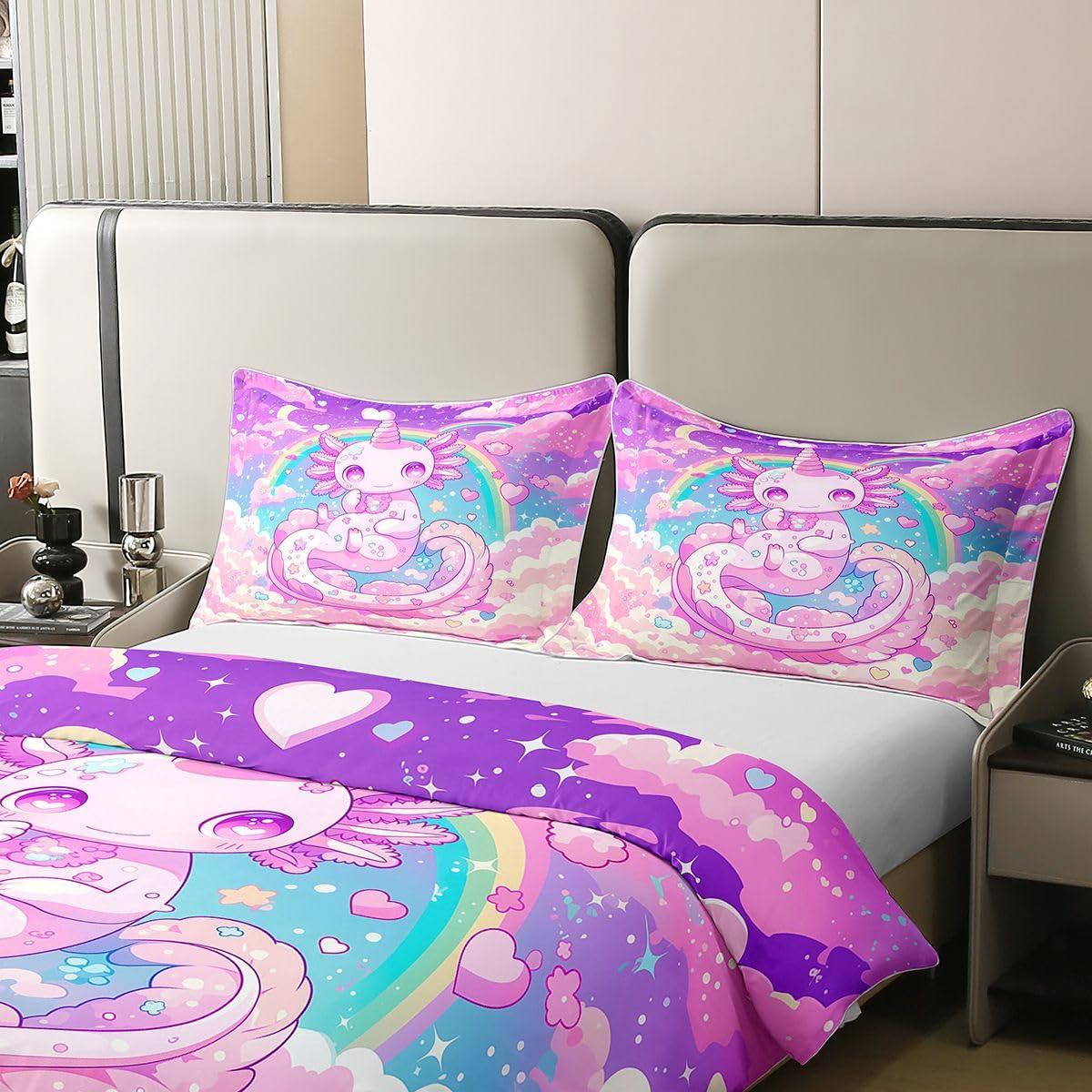 Homewish Kreskówka Marzycielski Axolotl Księżniczka Dziewczęca Tęcza Jednorożec Fioletowy Różowy Pojedynczy Zestaw Poszwa Na Kołdrę Miłość Serca Bawełniana Pościel Ombre Urocza Salamandra Poszewka Na