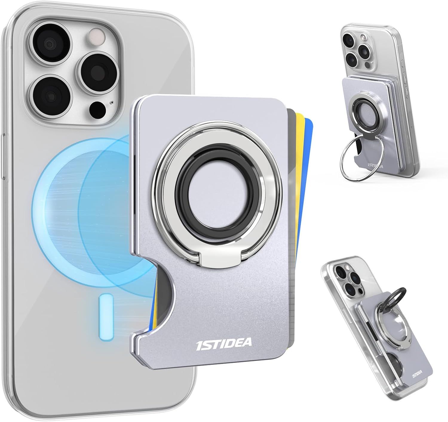 Upgraded for MagSafe Wallet, High-Strength Strapping Phone Magnetic Wallet and Phone Card Holder, Slim Hard Case for iPhone 16 Pro Max /15 Pro Max/14/13/12 Series (With Grip, Gray)