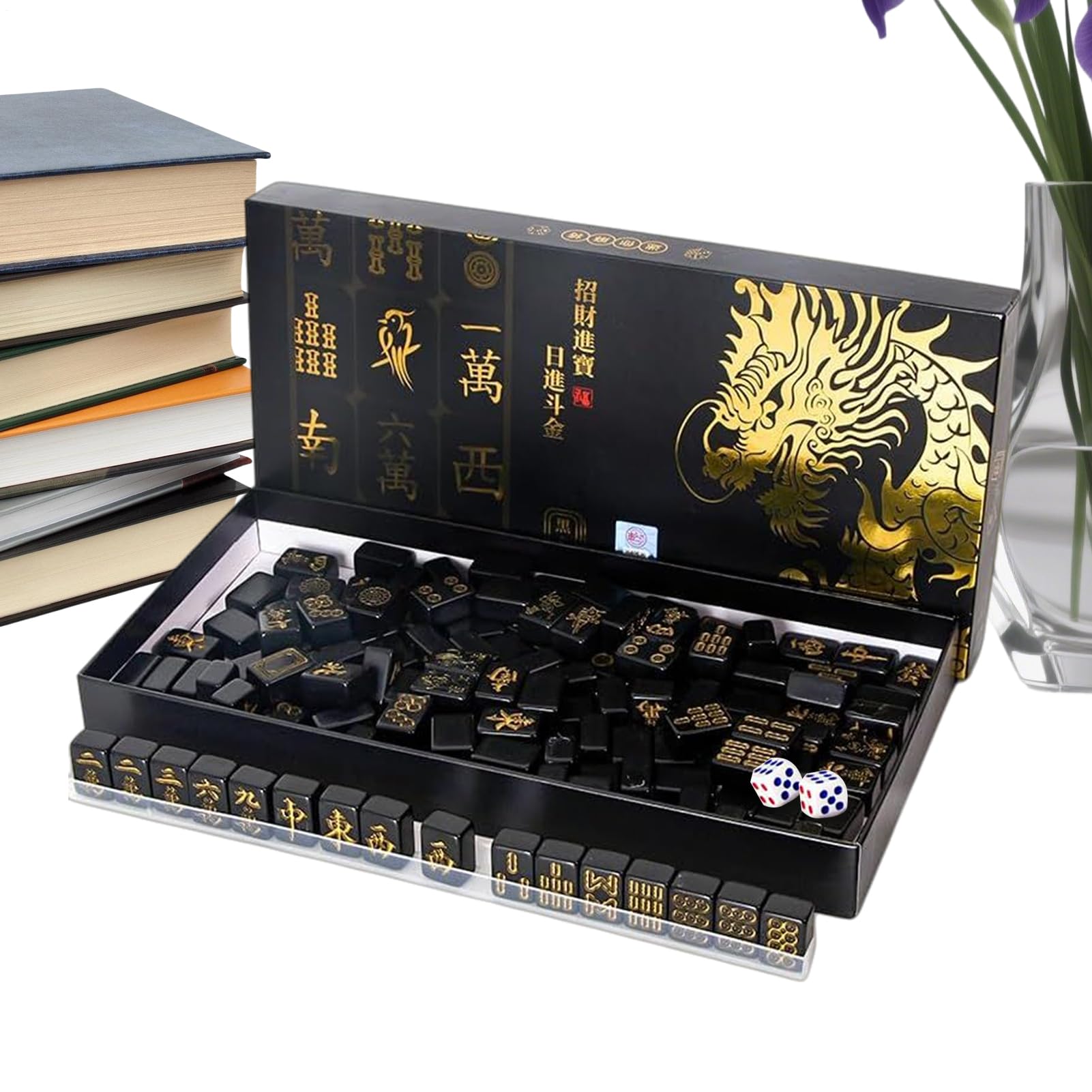 Generico Set Mahjong 144 Tessere In Colore Nero E Dorato Completo