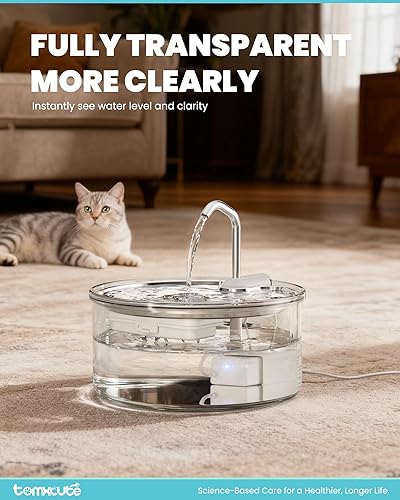 Miniatura 2 de Tomxcute Fuente de agua de cristal para gatos, fuente ultrasilenciosa para gatos de 108 oz3.2 L para beber, elegante fuente de agua de vidrio fácil