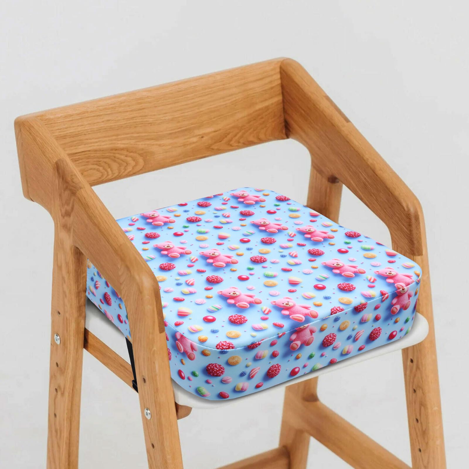 Toddler Booster Seat for Dining Chair, Portable High Density Sponge Kids Booster Cushion with 2 Adjustable Straps, Non-Slip Travel Increasing Cushion Washable for Kitchen Chair(Candy Bear)