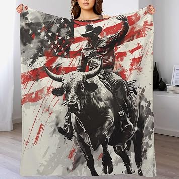 American Flag Cow Flannel Throw Blanket, Soft Cozy Warm Fleece Retro Rustic Cowboy Bullfight Blanket for Couch Sofa Bed, 30x40 Inch