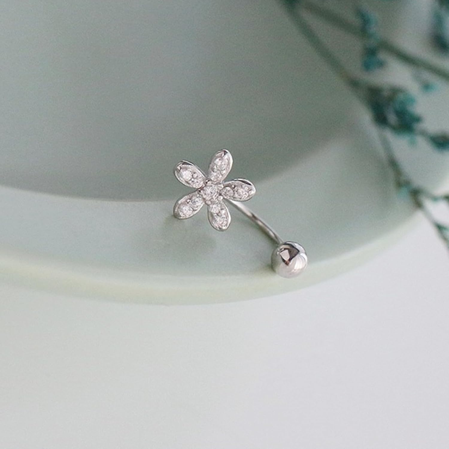 Fine Silver Paved CZ Flower Barbell Bead Ball Screw Back Jacket Earrings
