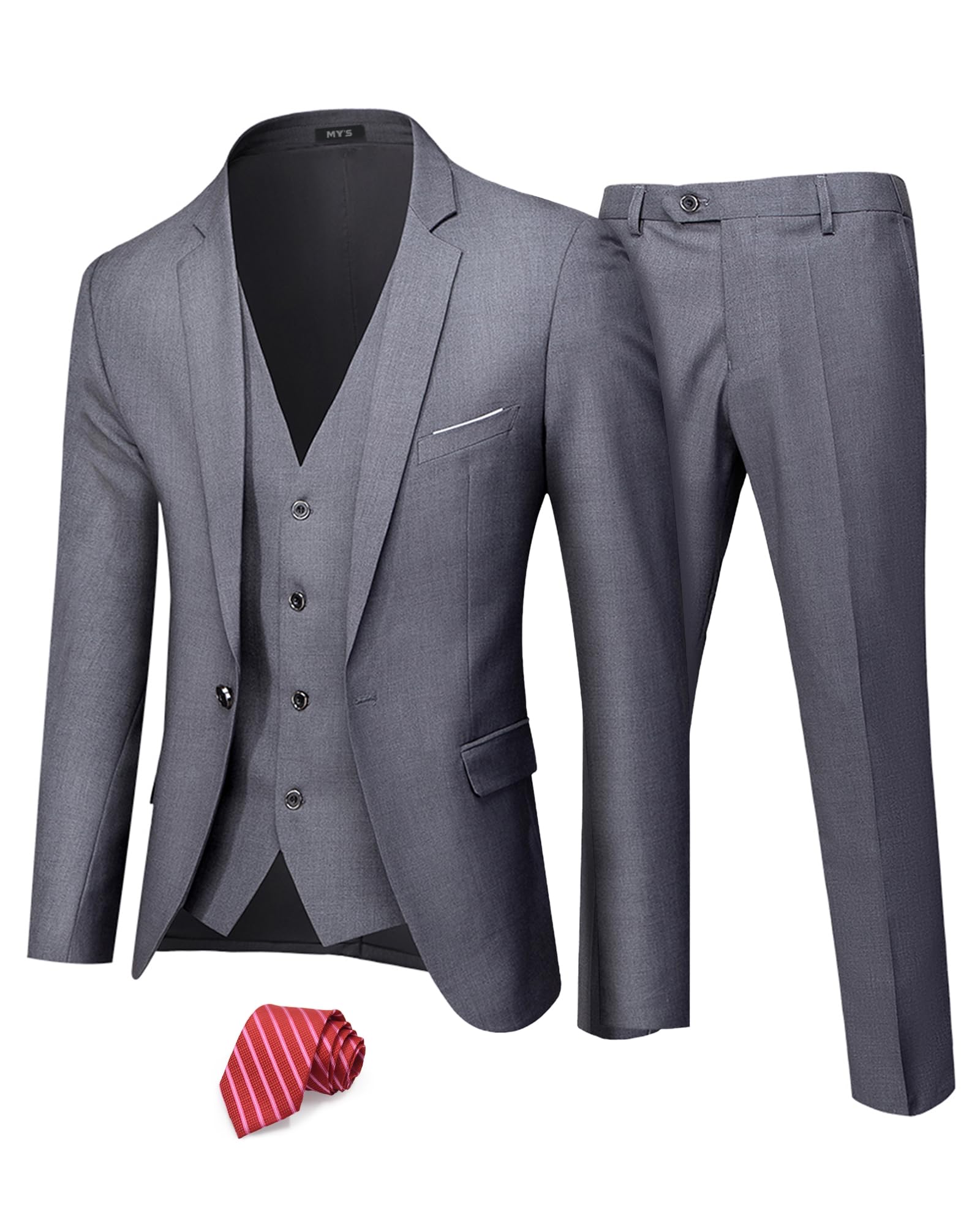 MY'S Men's 3 Piece Suit Set with Tie, One Button Slim Fit Jacket Vest & Pants, Party Wedding Prom Blazer Waistcoat & Trousers