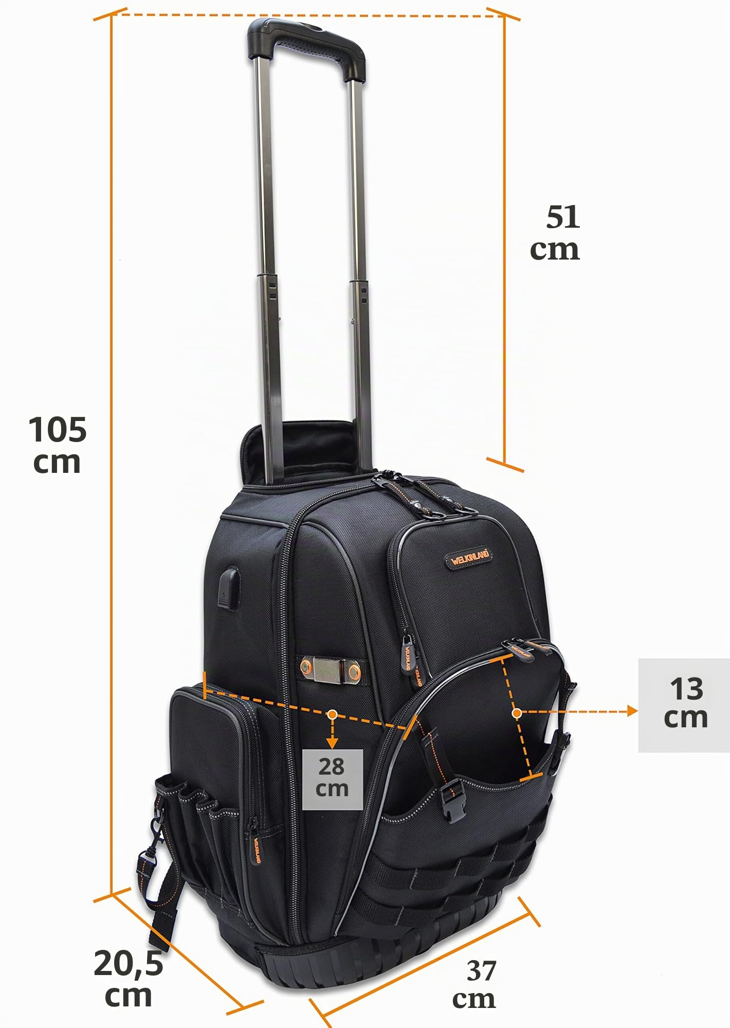 WELKINLAND Sac à dos à roulettes 72 poches, grand sac à outils avec roulettes, sac d'électricien roulant avec roues pour homme