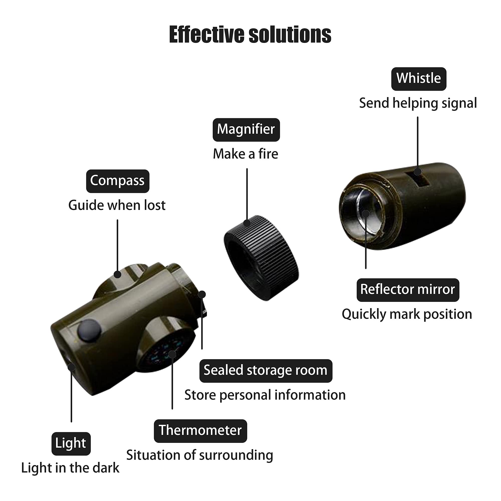 Sifflet de survie d'urgence 7 en 1, outil multifonction pour l'extérieur, sifflet de sécurité avec lumière LED, thermomètre, boussole, camping