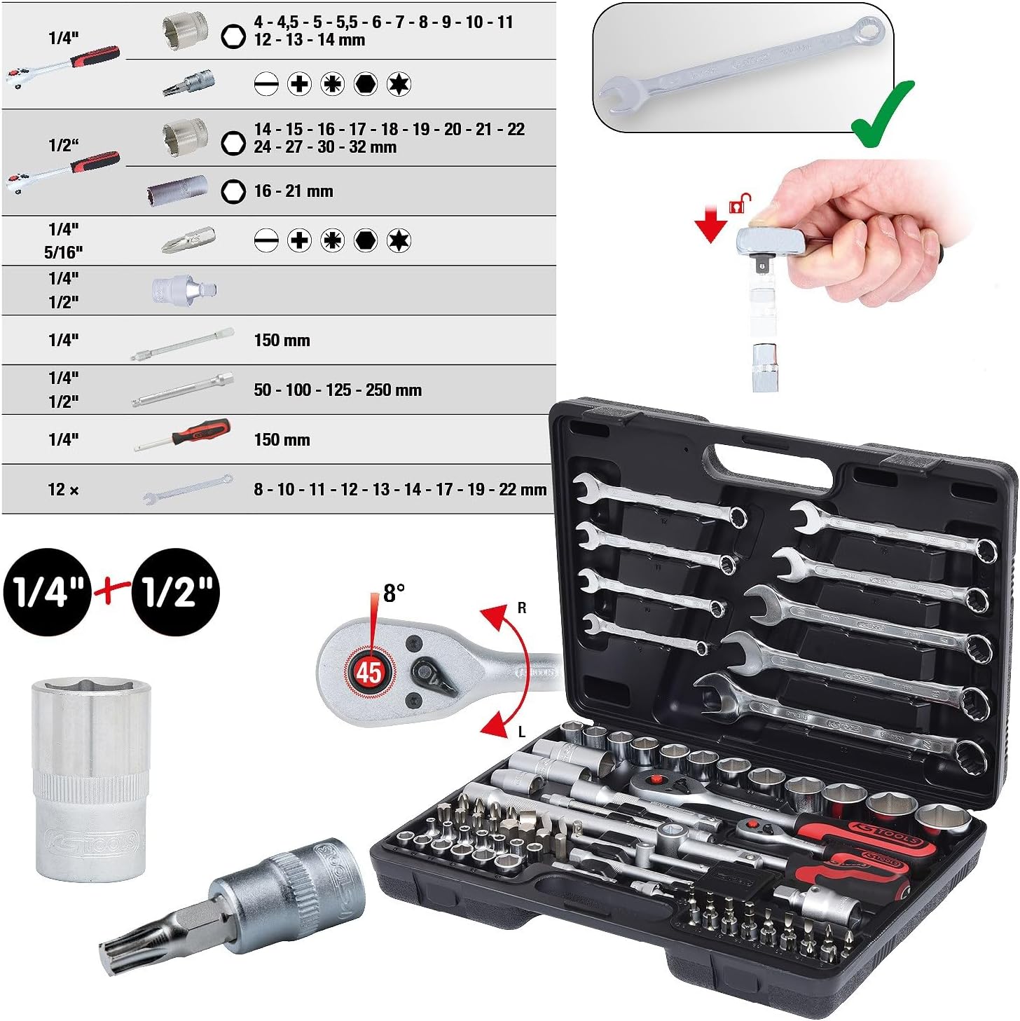 1/4" +1/2" Socket set, 82 pcs