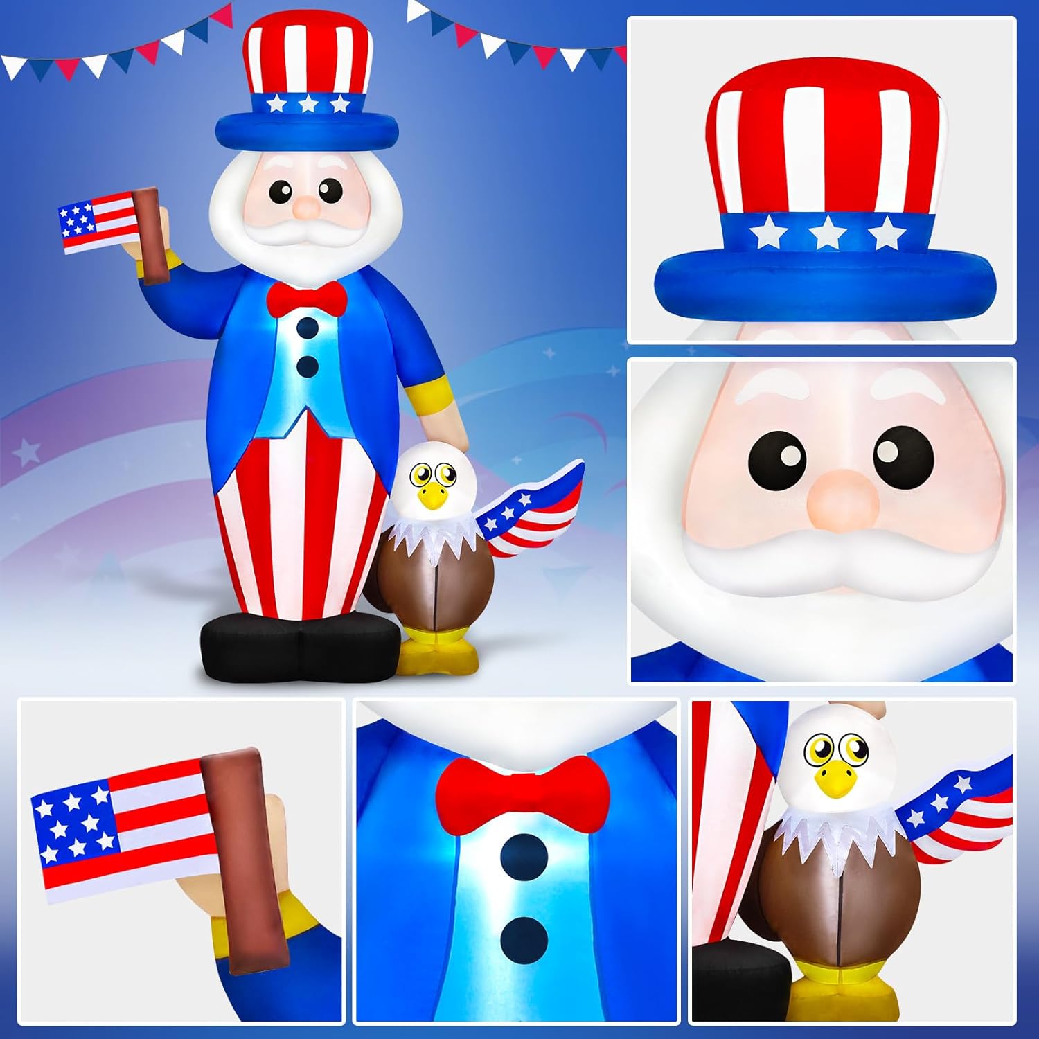 Danxilu 6 FT 4th of July Inflatables Outdoor Decorations, Built-in LEDs Patriotic Memorial Day Blow Up Inflatable Uncle Sam with Eagle for 250th Anniversary Garden Lawn Yard Indoor Party Decor