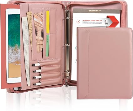 AZXCG Portfolio 3 Rings 1 inch, Padfolio Binder with Zipper, PU Leather Resume Portfolio Folder, Zipper Binder Padfolio, Business Organizer Ordner with A4 Legal Pads, Gift for Her, Pink