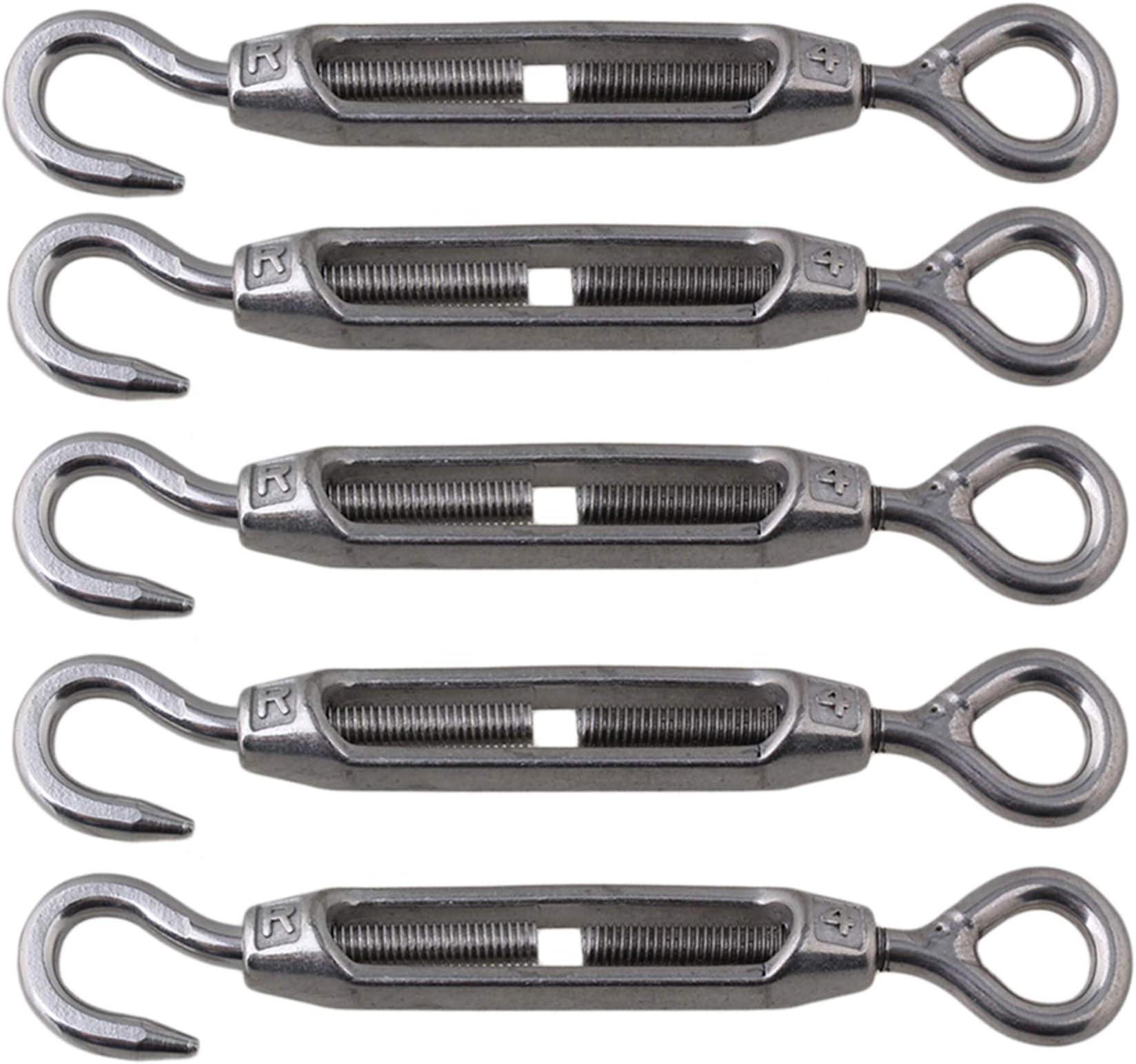 BQLZR M4 Stainless Steel 304 Hook & Eye Turnbuckle Wire Rope Tension for DIY String Light Picture Hanging, Garden Wire, Fence Gate Wire, Tent Rope Pack of 5