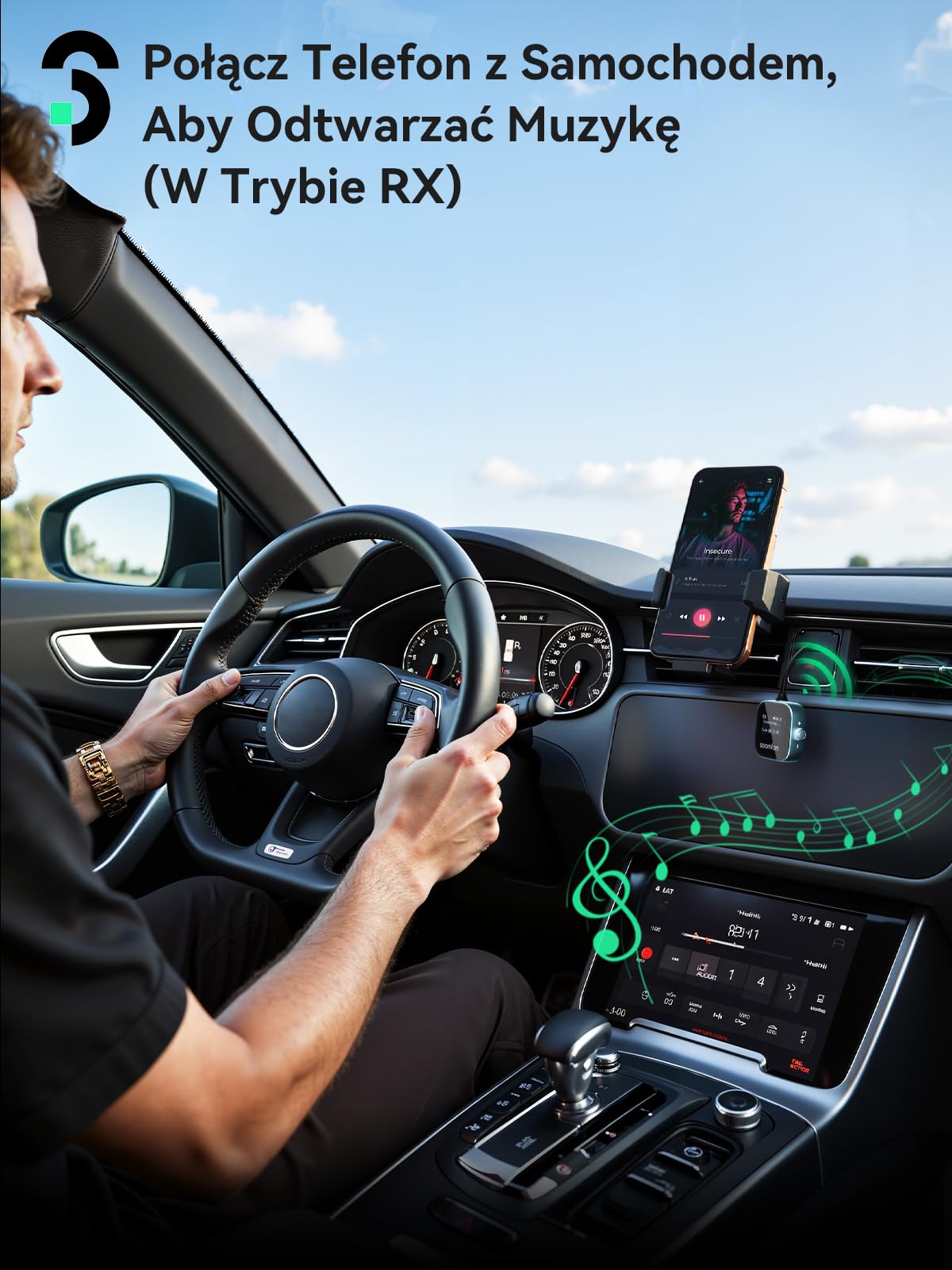 SOOMFON Odbiornik nadajnika Bluetooth 5.3 z gniazdem 3,5 mm z ekranem LCD, podwójne parowanie, adapter Bluetooth AUX 13H, bezprzewodowy nadajnik audio 2 w 1, do samolotu, telewizora, słuchawek
