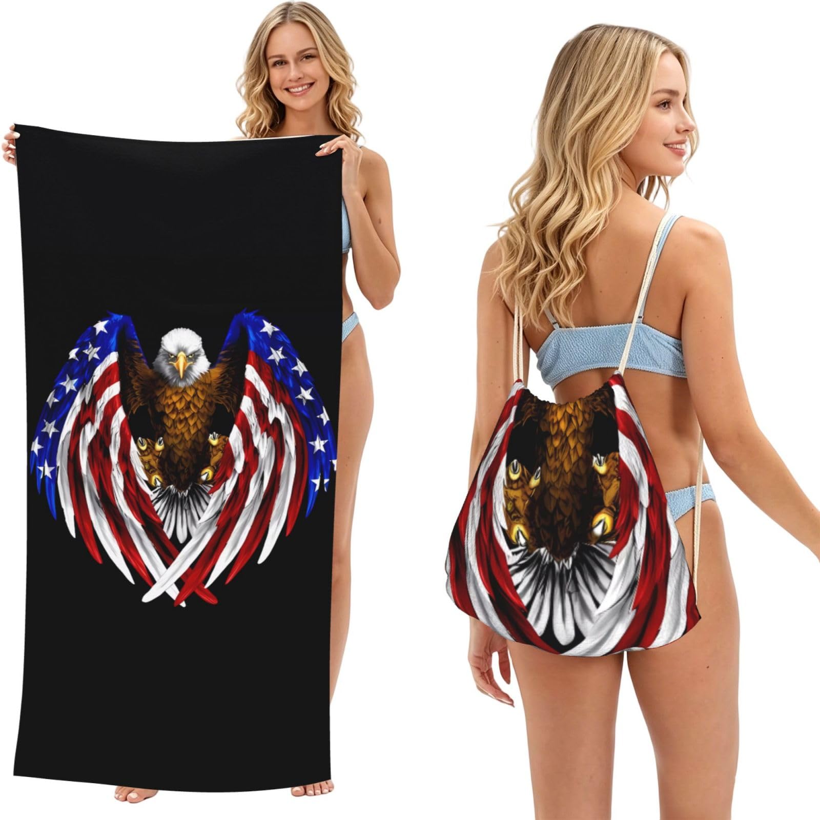 SXZVVBN USA Flag Patriotic Eagle 2-in-1 Beach Towel Bag, Quick Dry Sand Free Travel Towel Backpack for Adults