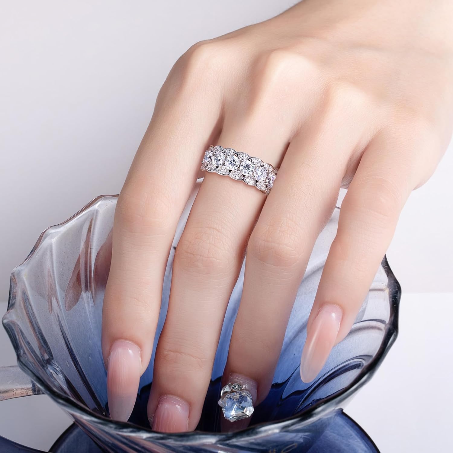 CannyCat Moissanite Eternity Ring for Women 4.0 mm VVS D color 2.0 CTTW Moissanites Wedding Band Platinum-Plated Silver Anniversary Engagement Half Eternity Band