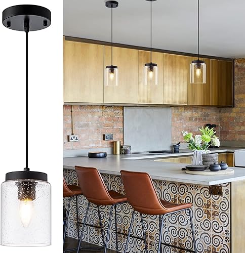 Miniatura 2 de Paquete de 3 lámparas colgantes de vidrio semillado, iluminación colgante negra, moderna, mini iluminación colgante, cable ajustable para cocina,