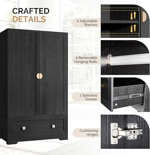 Miniatura 4 de VINGLI Armario de Guardarropa con Puertas, Armario de 38" de ancho, Armario de Guardarropa con Cajones y Barra Colgante, Armarios de Dormitorio de