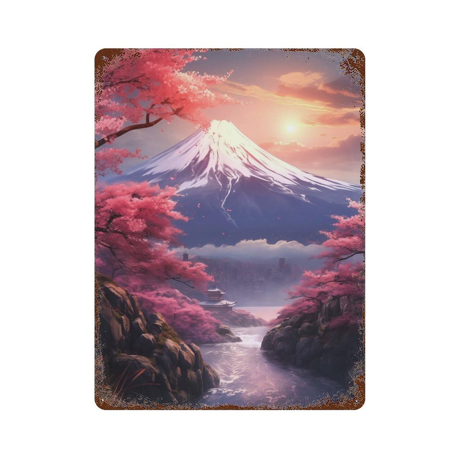 Rust Effect Fuji View with Sakura Distressed Metal Wall Sign 15.7"x11.8", Farmhouse Wall Decor for Office, Studio And Wall Decor