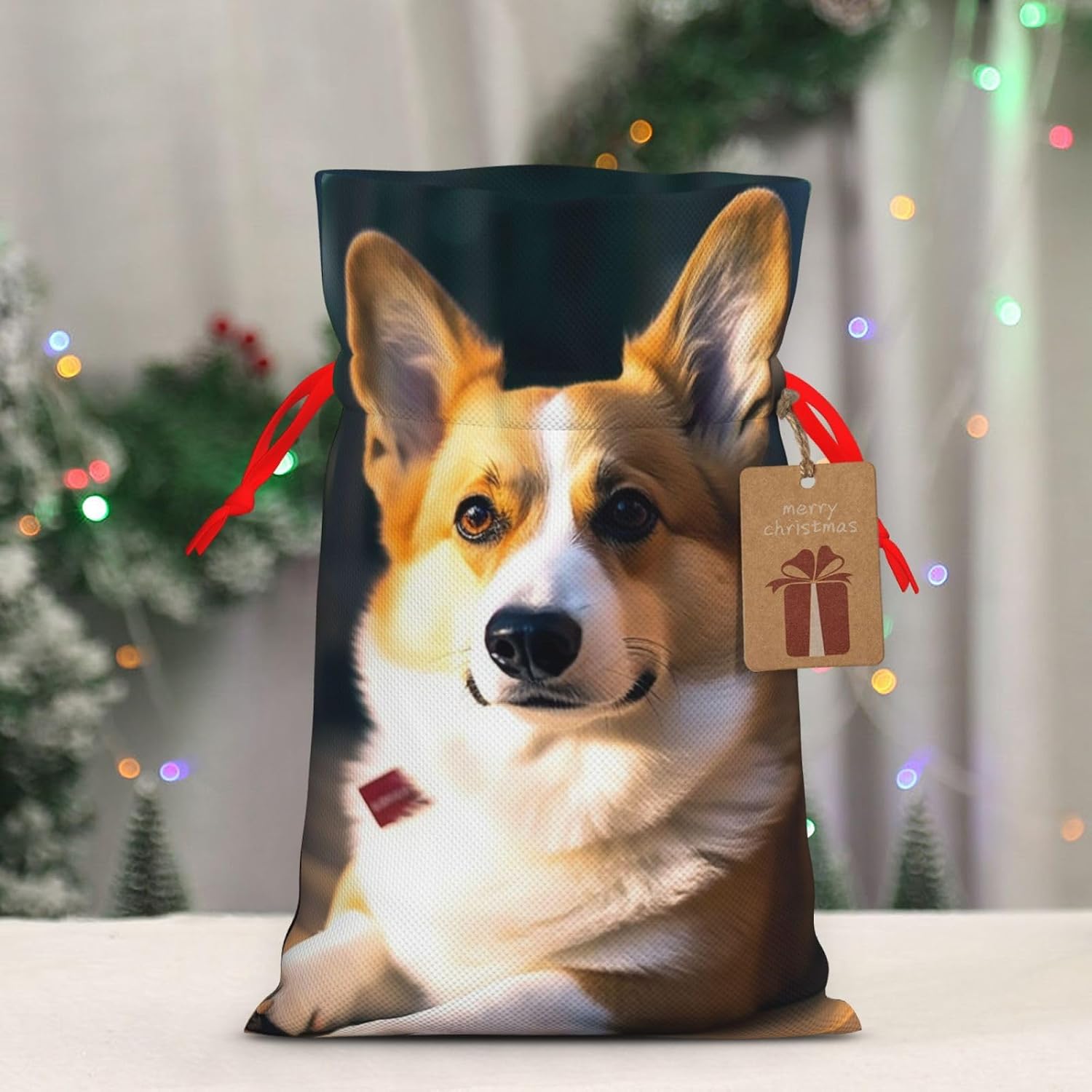 NBCCDVSH Christmas Drawstring Gift Bags Smart Corgi Xmas Wrapping Bag with Tag Holiday Gift Drawstring Present Bag for Christmas Birthday Holiday Party Santa Candy Sack Pouch image 4
