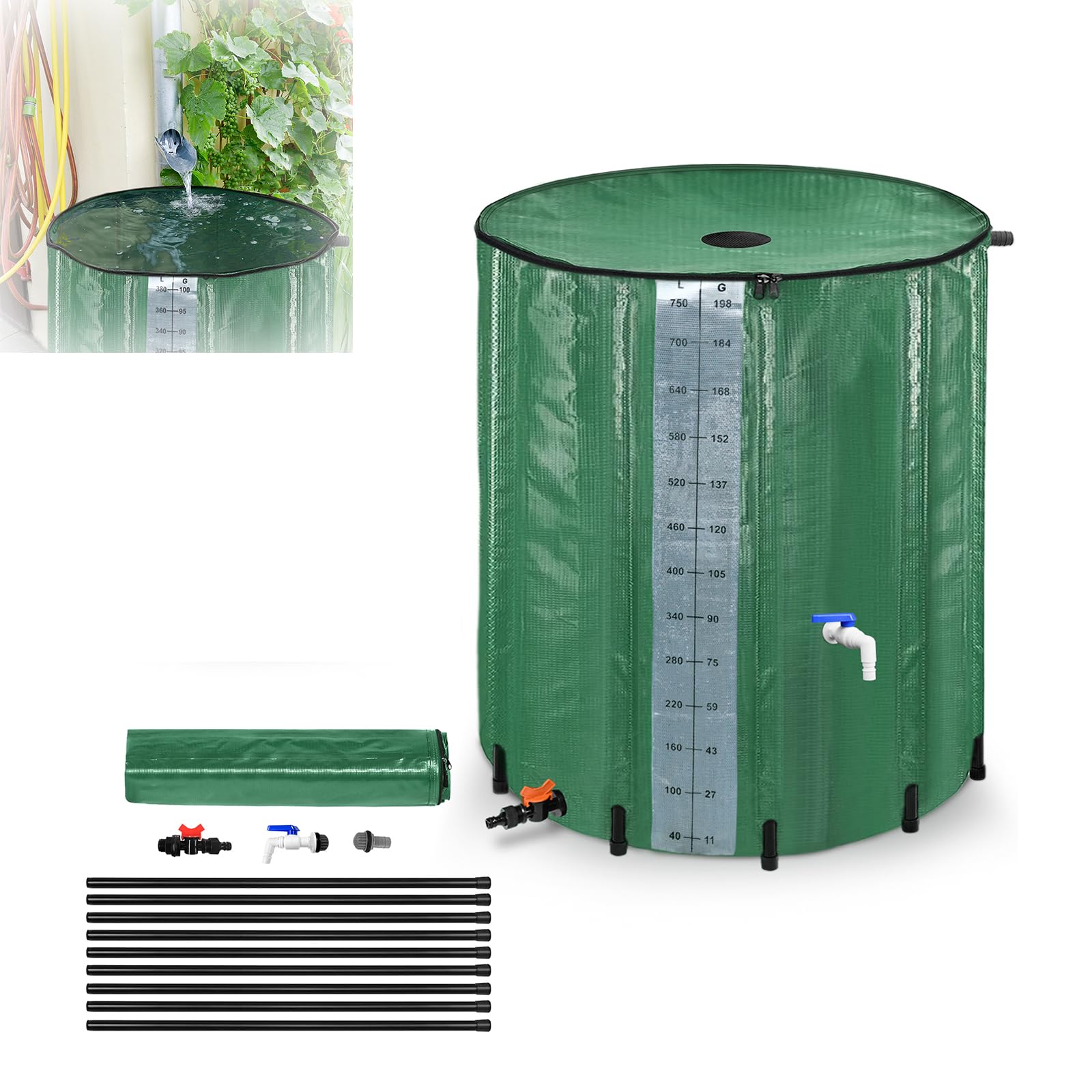 Récupérateur d'eau de pluie pliable de 750 litres avec graduation, réservoir d'eau de pluie avec grille d'admission d'eau, valve d'écoulement, réservoir d'eau de pluie, réservoir d'eau de