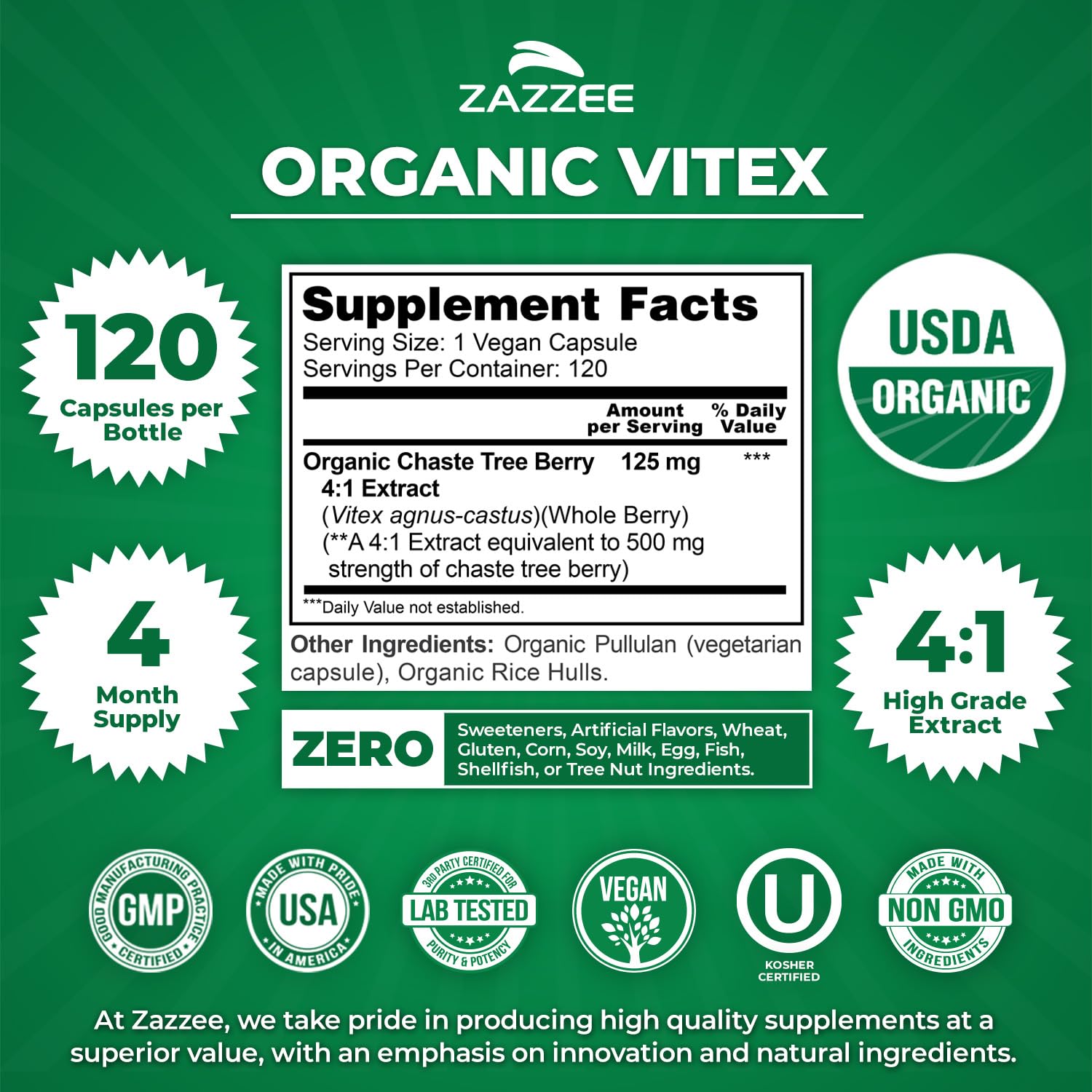 Zazzee USDA Organic Vitex Chasteberry, 120 Vegan Capsules, 4 Month Supply — Amazon image 3