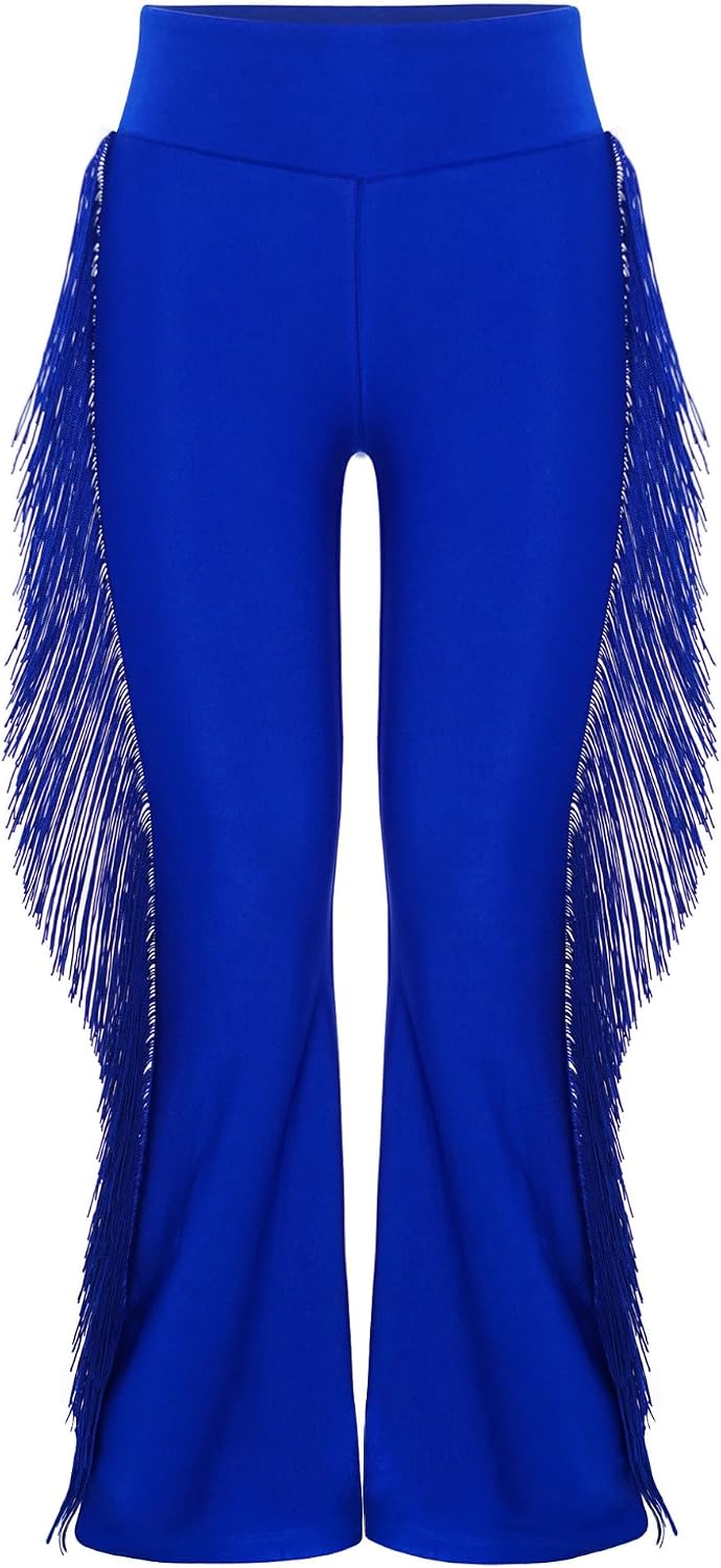 Oyolan Kids Girls Ballroom Dance Pants Latin Performance Elastic Waistband Flared Tassel Bell-Bottoms Dancewear