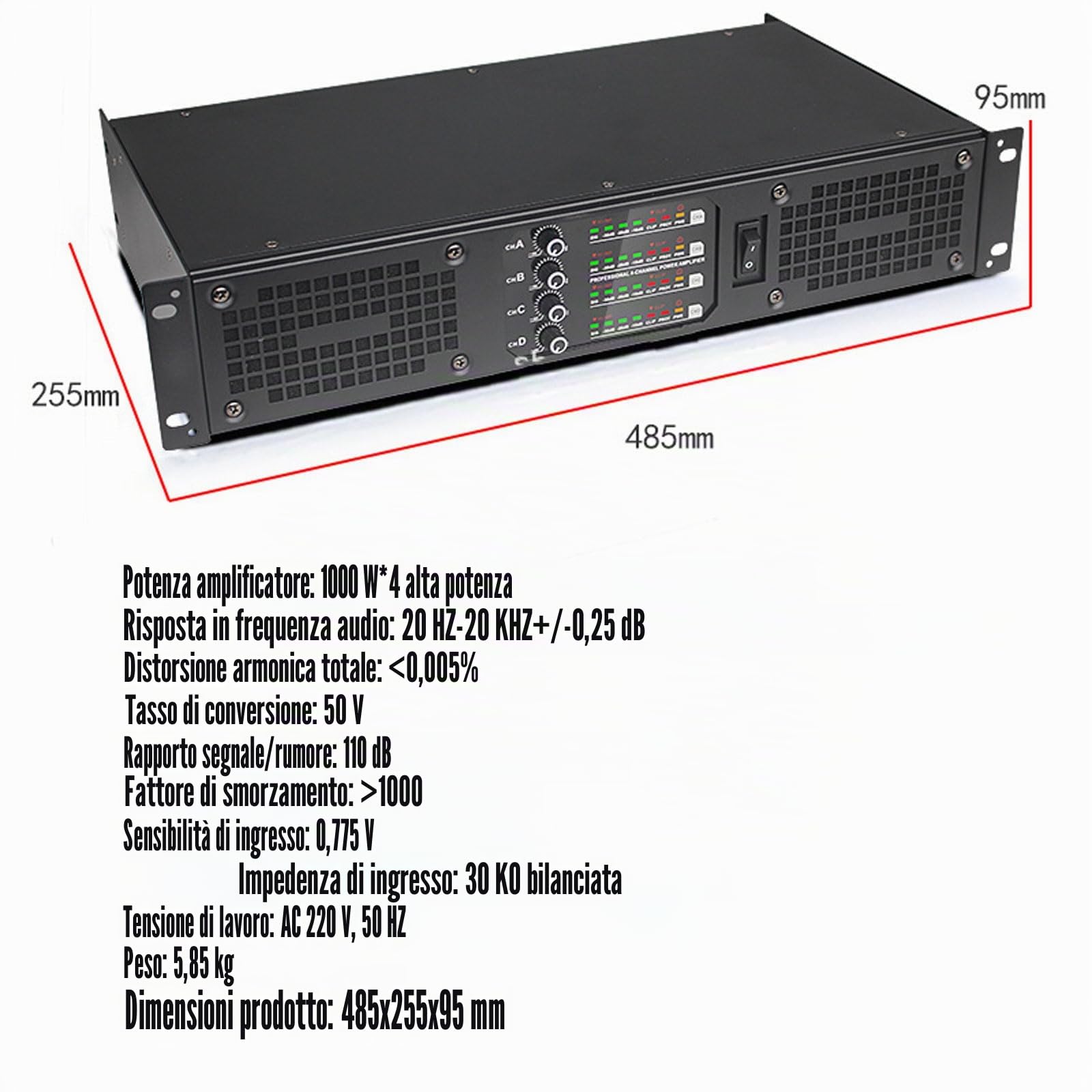 Amplificatore Audio Professionale da 1000 W X 4, Amplificatore di Potenza per La Casa con Luci a Spettro LED, Uscita Indipendente a 4 Canali, 2 Ventole di Raffreddamento, per Casa