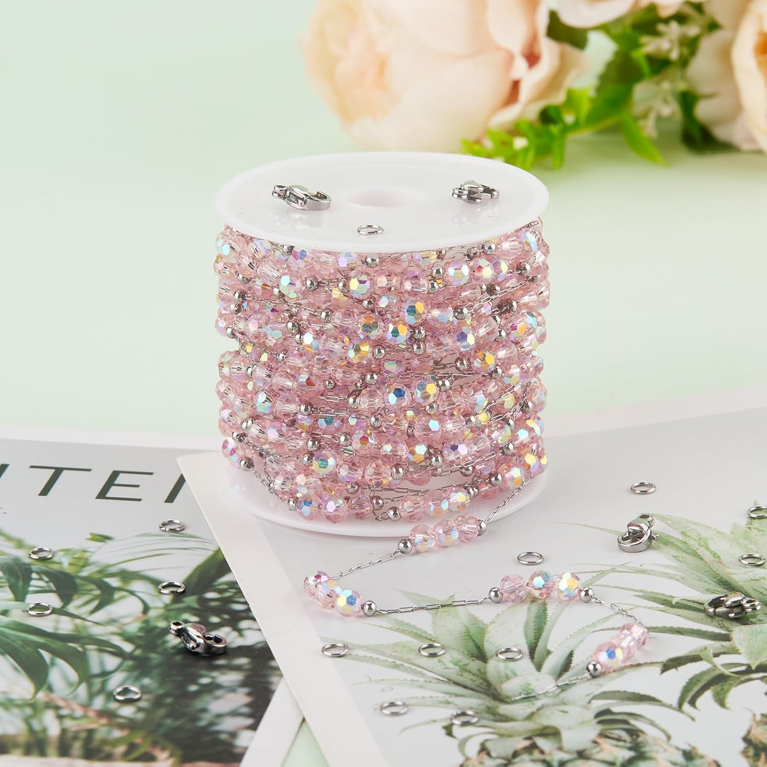 UMAOKANG 13 Feet Pink Crystal Chain for Jewelry Making Stainless Steel Bulk Chains on Spool - Image 6