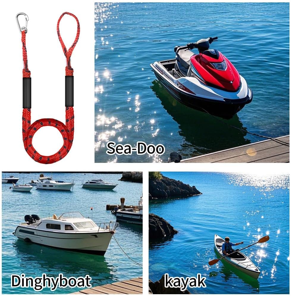 4-5.5ft, Bungee Dock Line with Stainless Steel Clip Safe Boat Rope Mooring String with Foam Float for Pontoon, Boat Accessories, Sea Doo,2 Pack （Red&Black）
