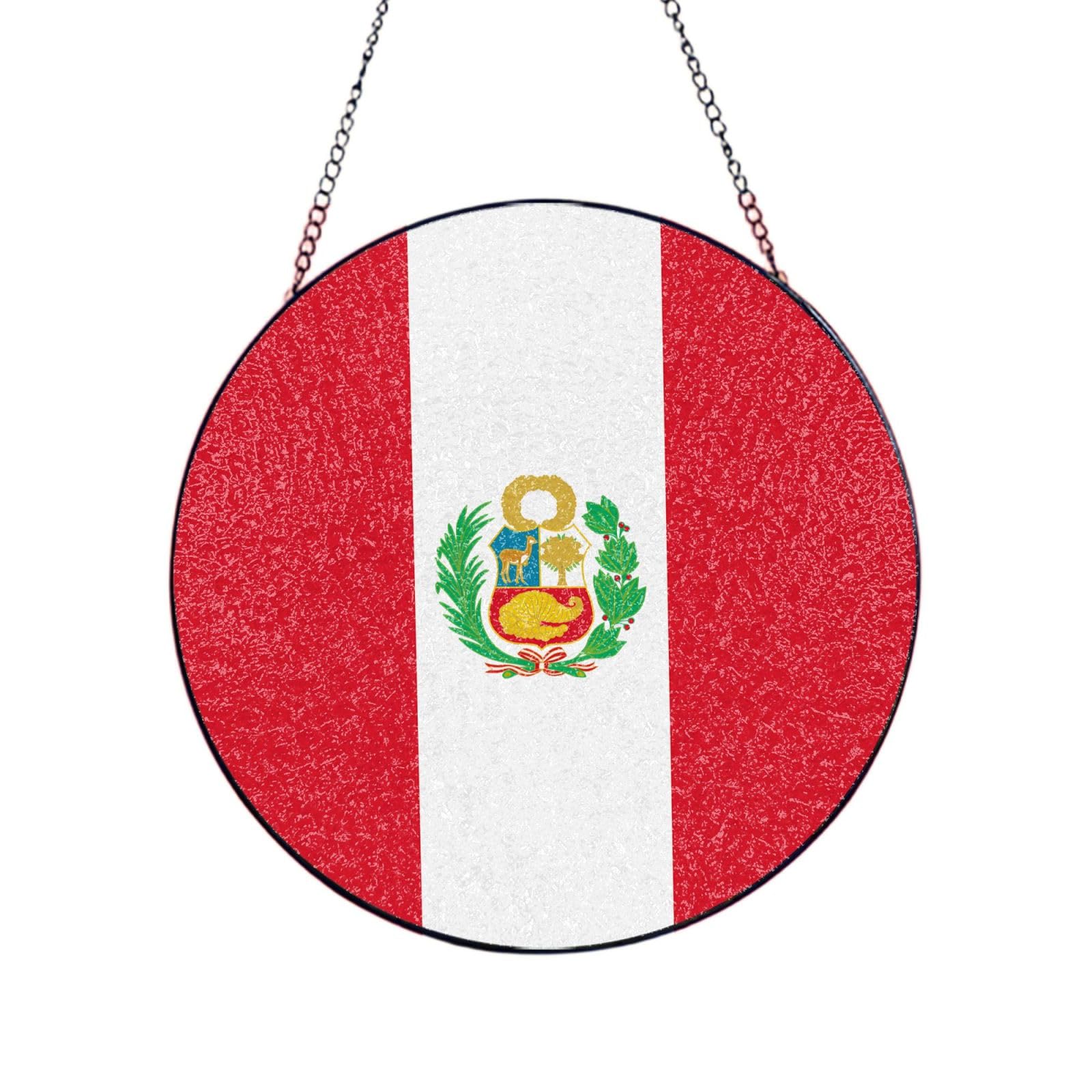 Phayah Flag Of Peru Print Glass Window Hanging Round Suncatcher Glass Ornament Garden Wall Fence Decorations Indoor Outdoor 10in（25cm）