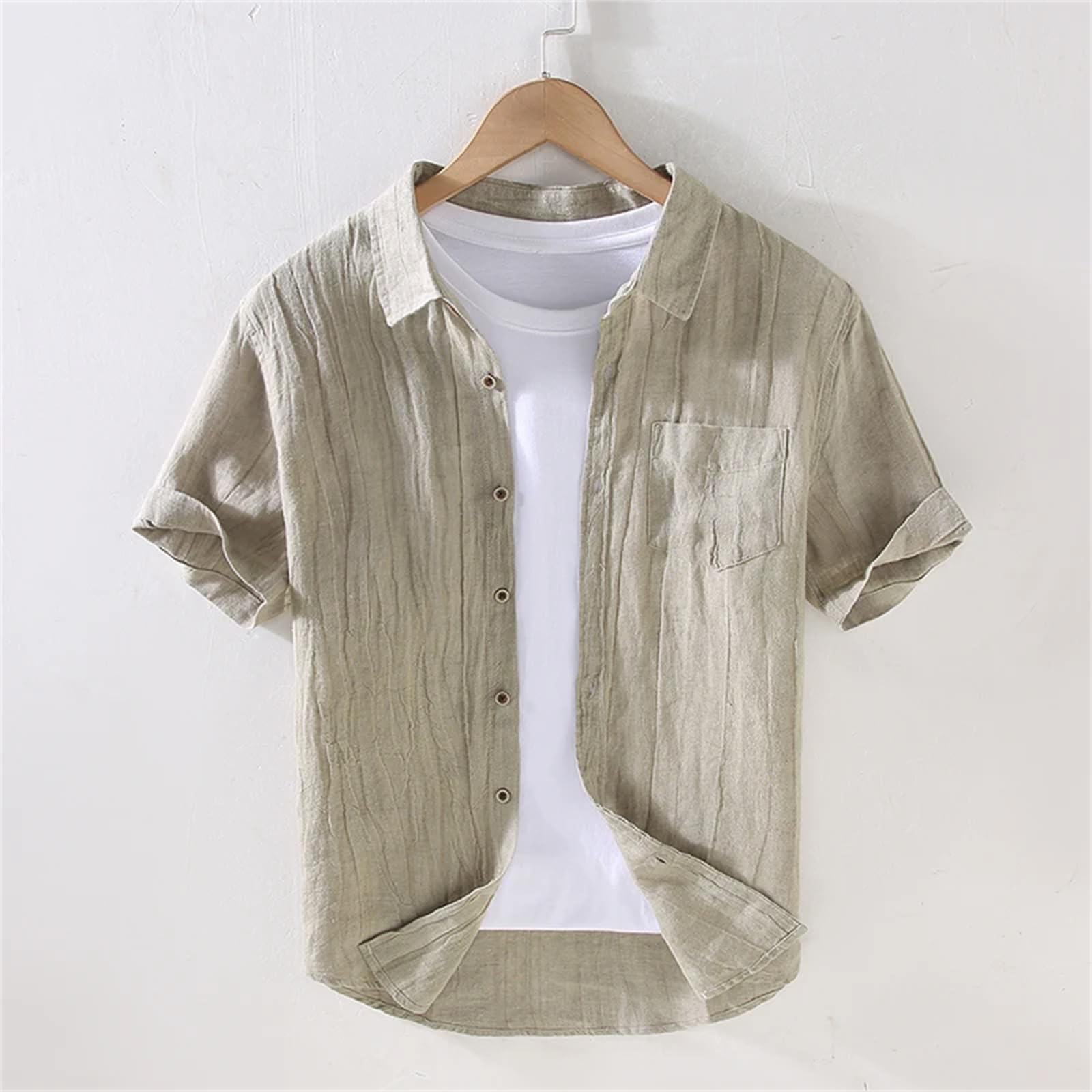 Camicia monopetto da uomo in tessuto di lino leggero con risvolto e risvolto alla moda giovanile