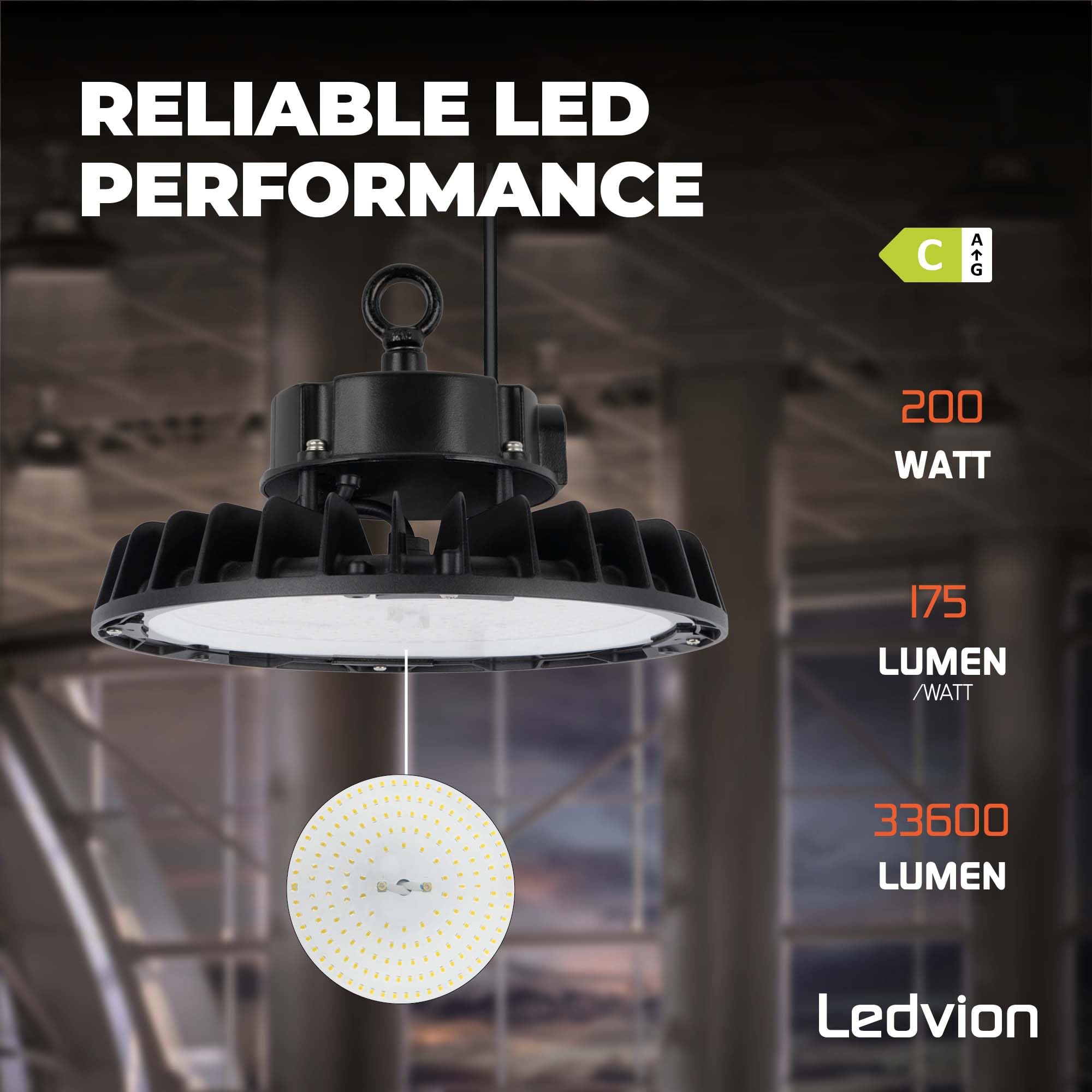 Ledvion LED Hallenstrahler 200-160-120W 175lm/W 4000K Dimmbar IP65 | 175 lm/W, dimmbar in 3 Stufen, IP65, 5 Jahre Garantie