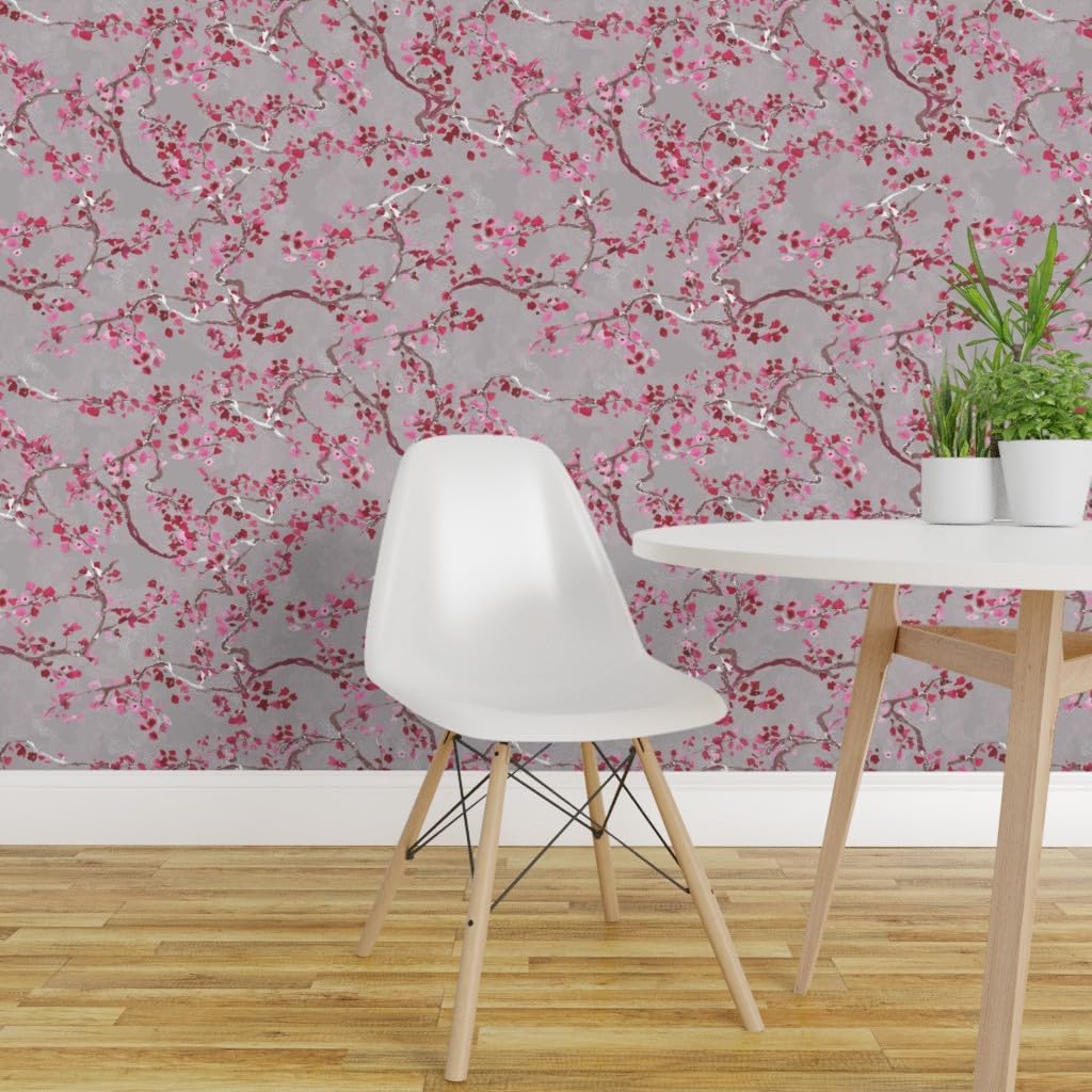 Spoonflower Removable Wallpaper 3ft x 2ft - Branches Bloom Floral Cherry Blossom Pink Gray Custom Pre-Pasted Wallpaper