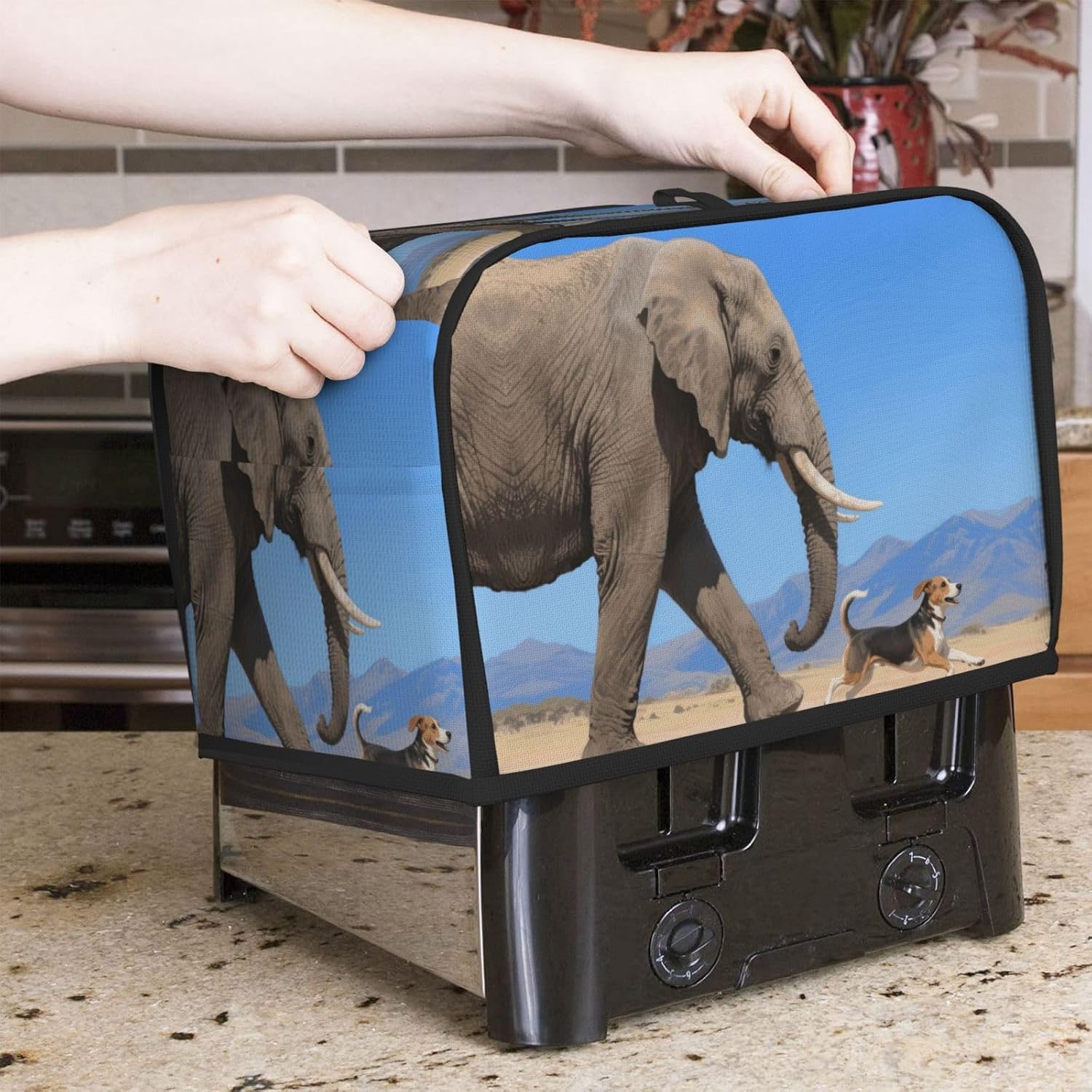 Elephants and Dogs Toaster Cover 2 Slice, Waterproof Bread Machine Covers with Pockets Universal Size Kitchen Small Appliance Cover with Handle, Dust and Fingerprint Protection