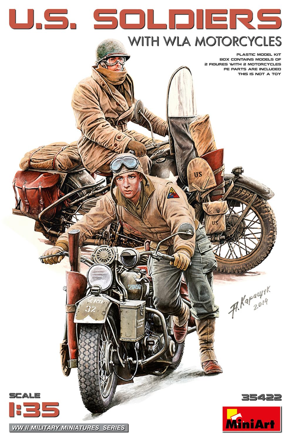 MiniArt 35422 1:35 U.S. Soldados con motocicletas WLA – Reproducción fiel a modelo, kit de construcción de plástico, manualidades, aficiones, pegar, maqueta, montaje, sin barnizar