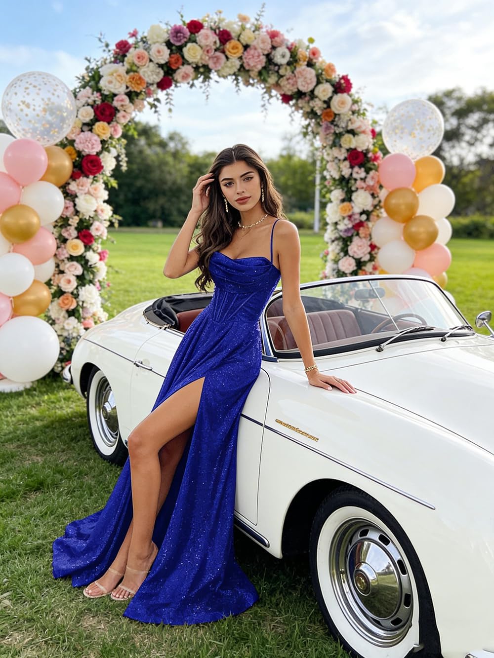 Women's Glitter Tulle Prom Dresses with Spaghetti Straps for Teens Cowl Neck Long Formal Evening Ball Gown with Slit - Image 2