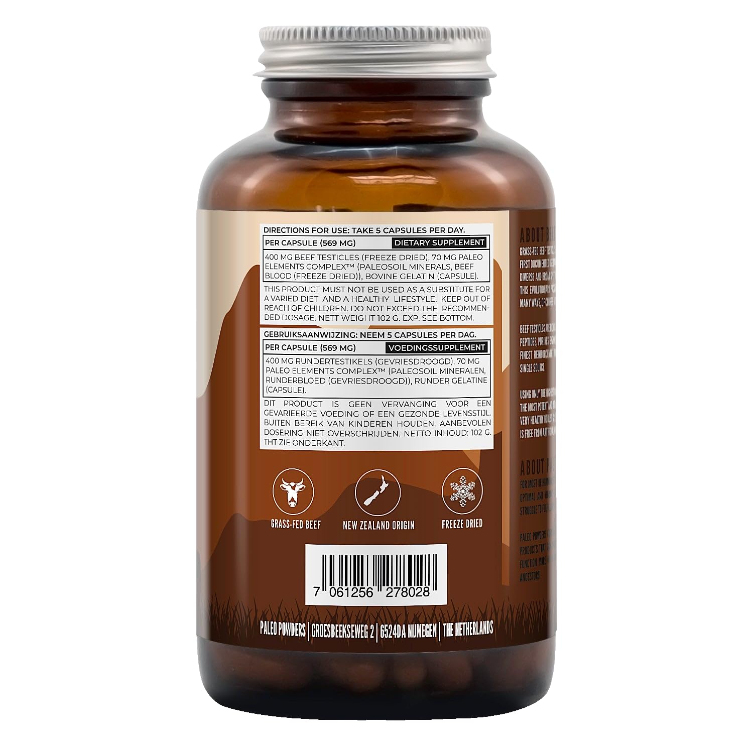 Beef Testicle Kapseln Grass-Fed – 400 mg pro Kapsel – Gefriergetrocknete Rinderhoden – 180 Kapseln – Grasgefüttertes Rind aus Neuseeland