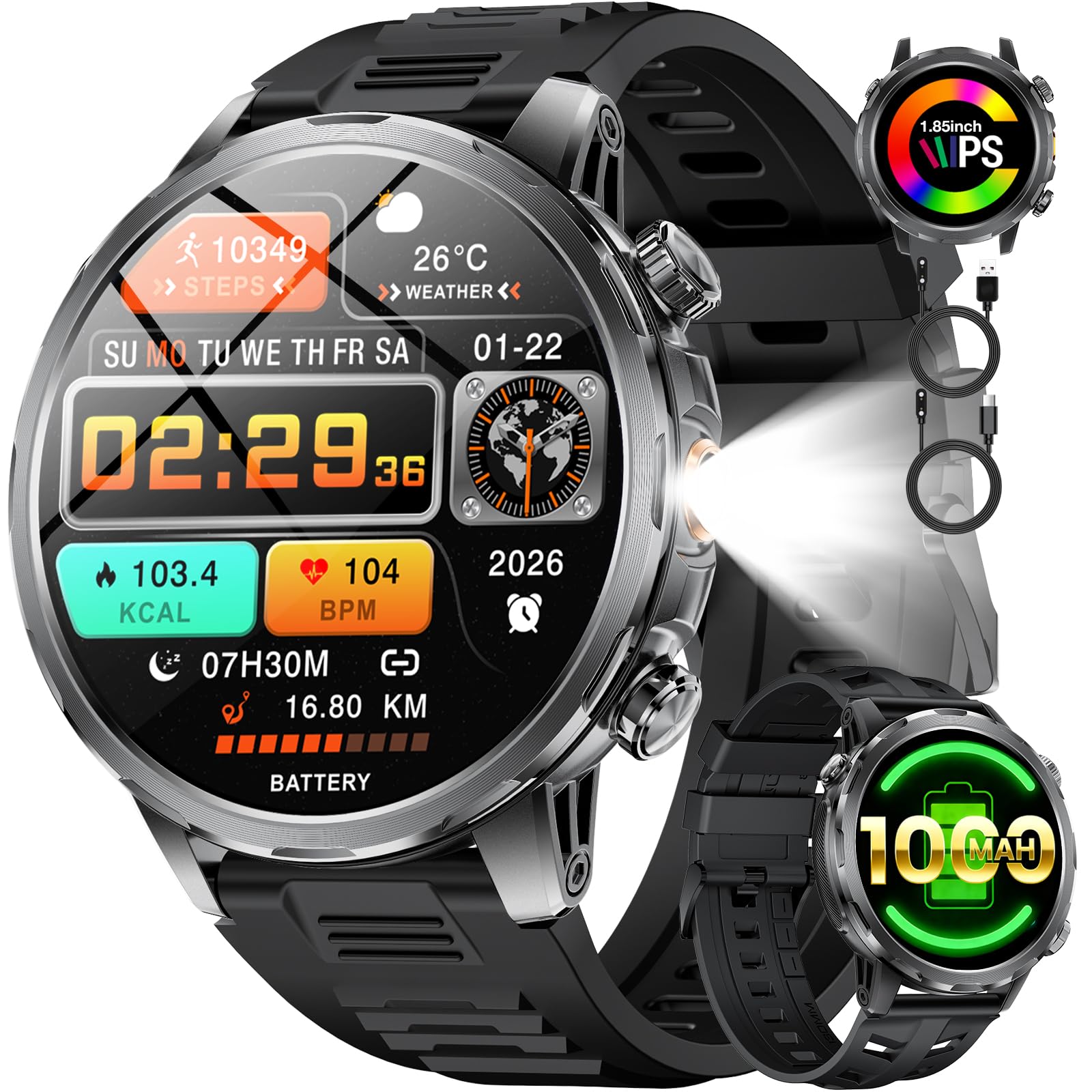 LIGE 1000mAh Batería Reloj Inteligente Hombre Militar, 1.85'' Smartwatch Hombres con Llamadas Bluetooth,LED Linterna,100+ Modos Deportivos,Pulsómetro/Monitor de Sueño,IP68 Reloj,Android iOS,Gris