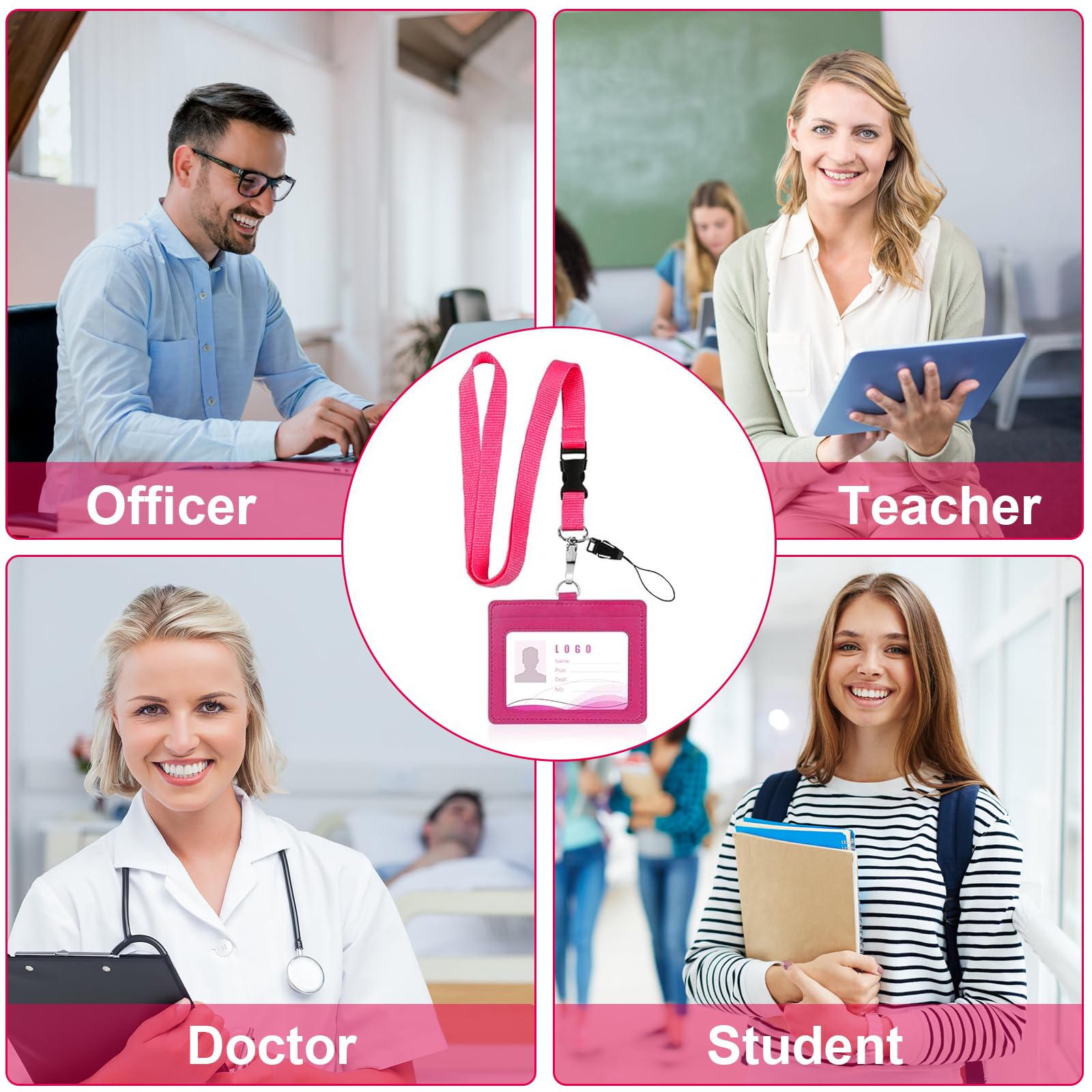 Vicloon Cordón para el Cuello con Colgantes de Tarjetas de Identificación, Id Card Badge Holder de Cuero, funda tarjeta identificación, Doble Cara, Para Personal, Estudiantes, Oficina(Rosa Roja)