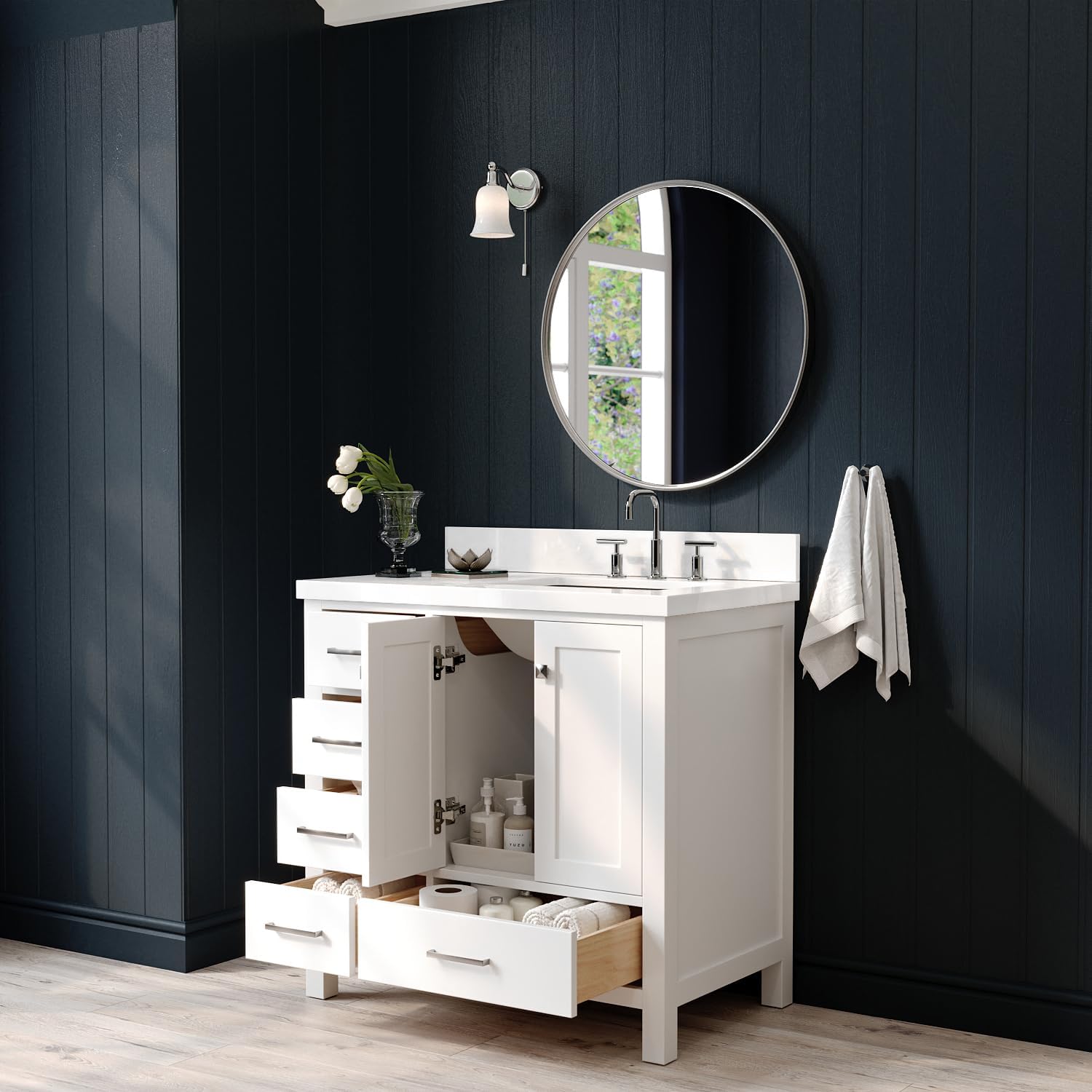 Front view of the ARIEL Cambridge 37-inch white bathroom vanity with sink and faucet.