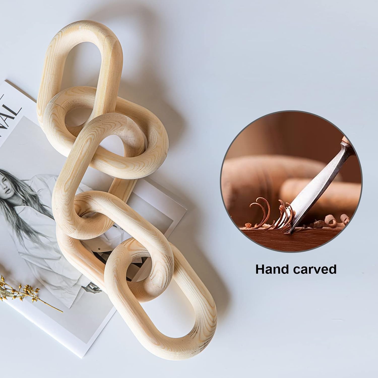 Wood Chain Link Decor for Coffee Table | Decorative Wood Chain Link and Bead Garland Set | Wood Knot for Aesthetic Room Decor | Hand Carved Wooden Chain Links for Boho Decor SierTing(Natural 21.6inch)