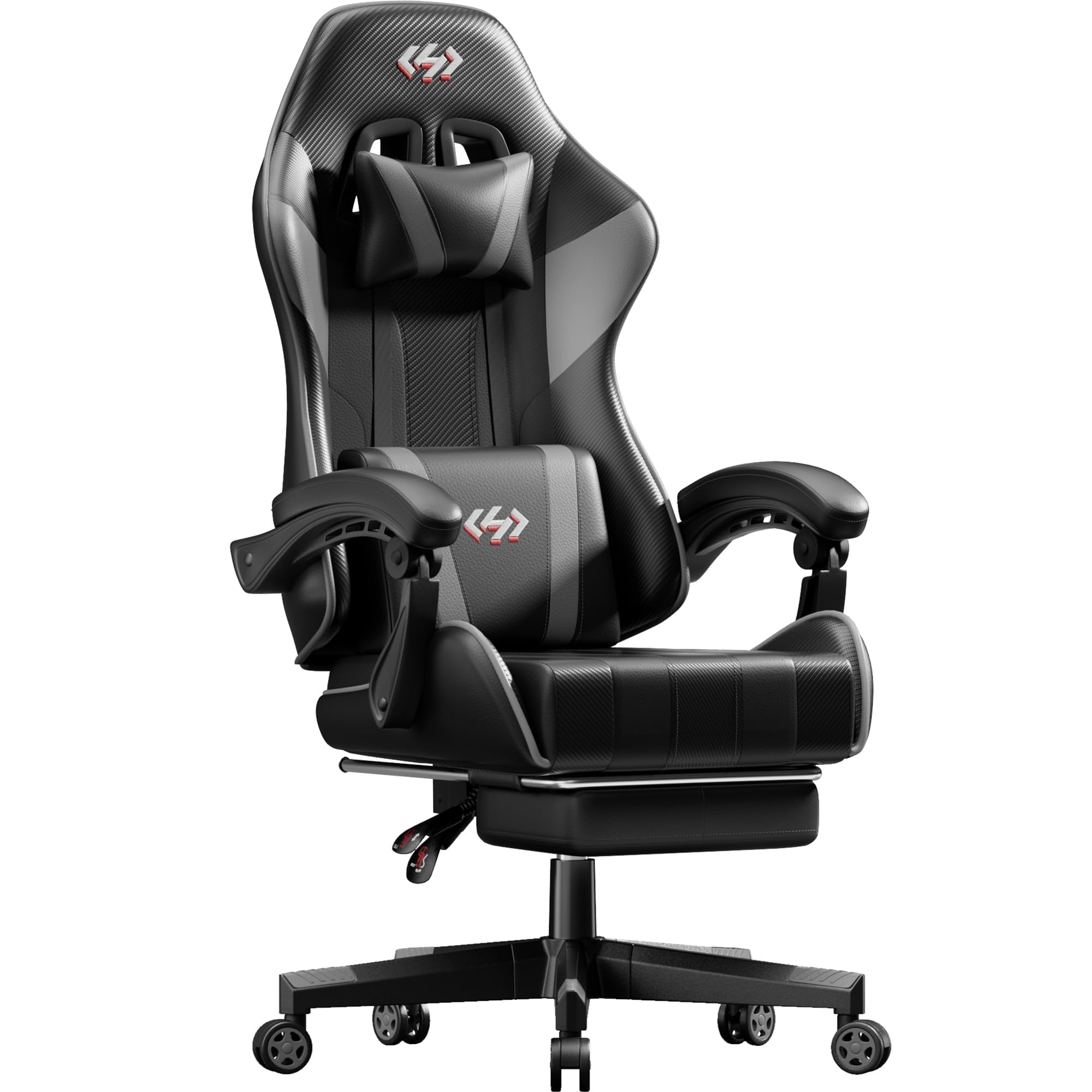 Silla Gaming Ergonómica, Silla Gamer con Reposapiés y Soporte Lumbar, Silla Ordenador con Spring Cushion, Sillon Gamer Altura Regulable, Respaldo Ajustable, Cadeira Gaming Negro y Gris