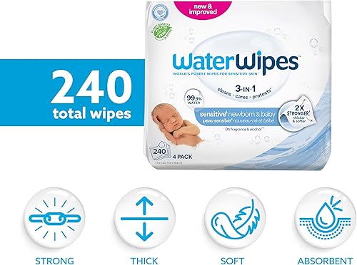 Miniatura 2 de WaterWipes Sensitive+ Newborn & Baby Wipes, 3-In-1 Cleans, Cares, Protects, 99.9% Water, Unscented & Hypoallergenic, 240 Count (4 Packs)