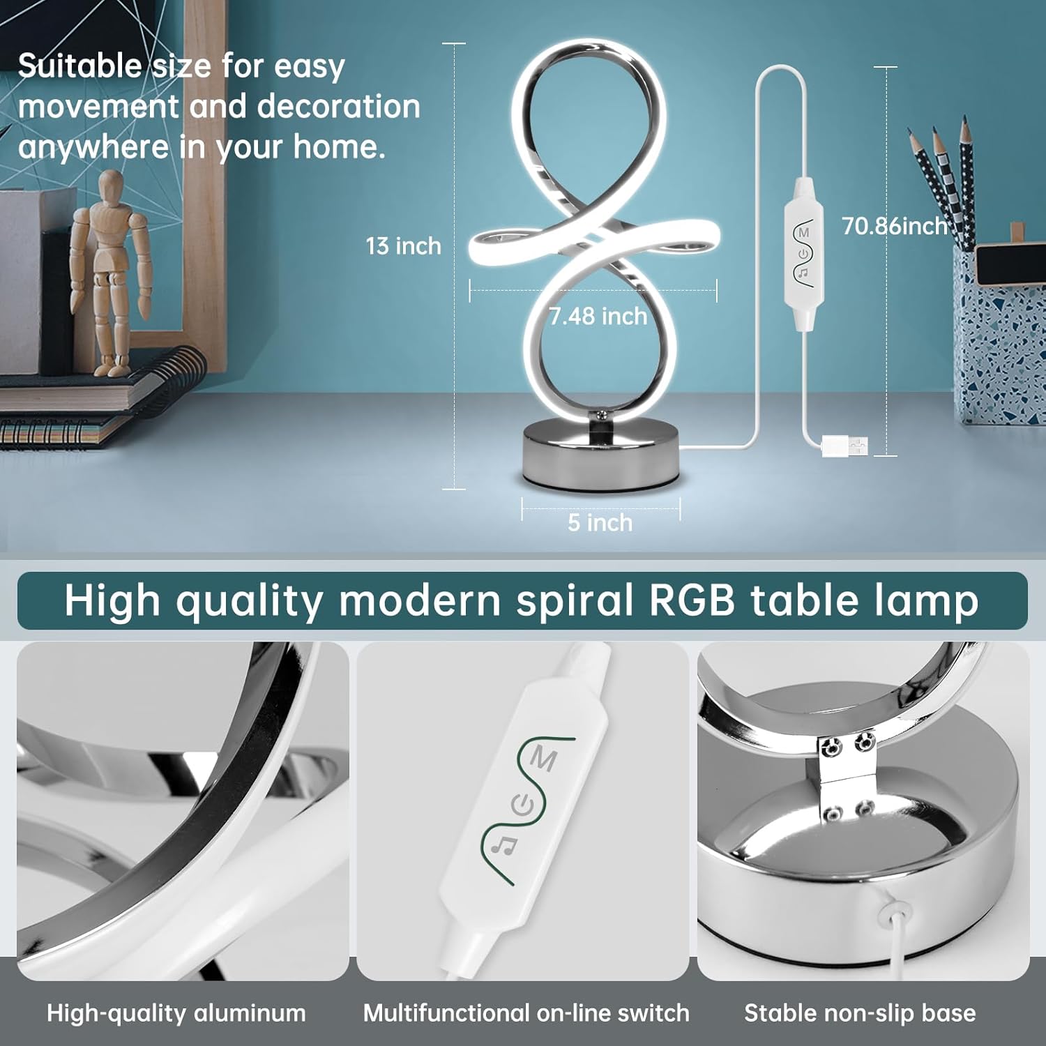 Modern RGB Table Lamps, LED Spiral Table Lamp, Silver Bedside Lamp with Remote&APP, Multicolor Changing Nightstand Lamp with Music Rhythm Modes for Bedroom, Living Room, Gaming Room, Christmas Gifts