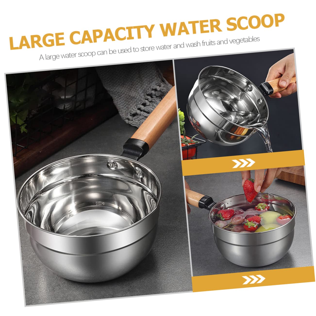 Cucharón de Agua de Acero Inoxidable Mango de Madera, Gran Capacidad y Diseño Colgable para Cocina y Jardín